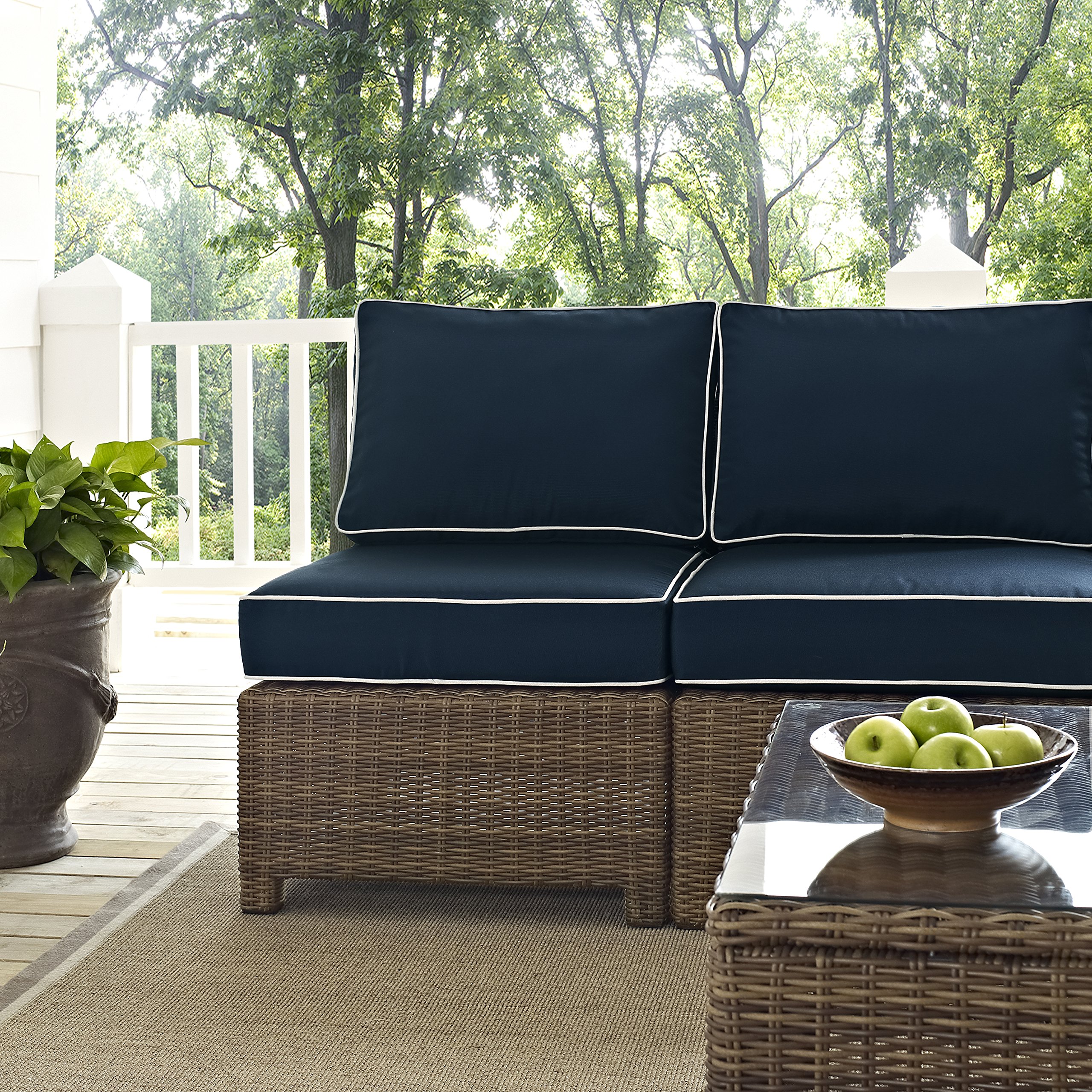 Crosley Furniture Bradenton 5-Piece Outdoor Sectional Sofa Set - All-Weather Wicker Patio Furniture with Navy Cushions for Deck, Garden & Backyard Relaxation