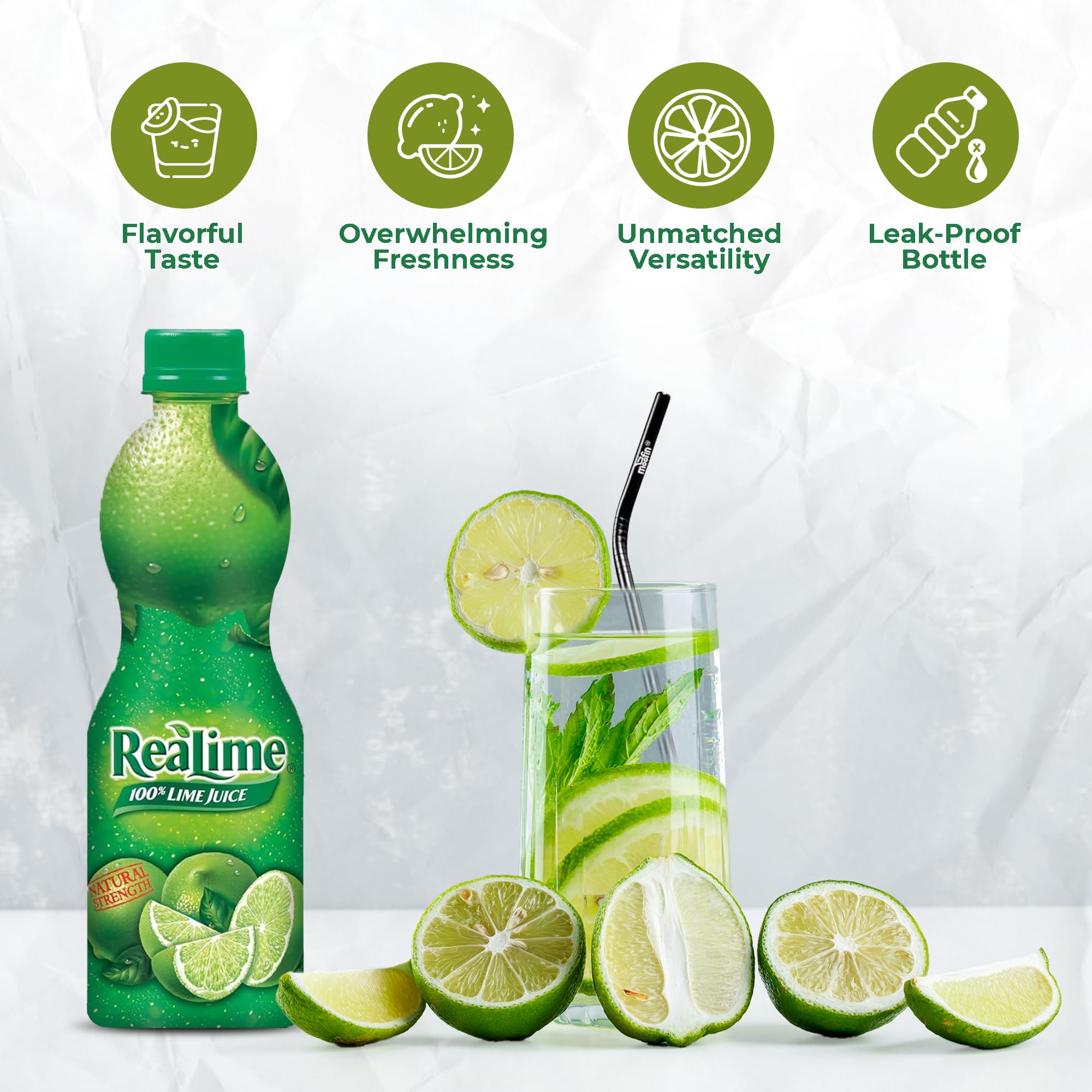 Organic Lime Juice 8 Fl Oz - 100% Natural Fresh Lime Juice for Cocktails, Cooking & Healthy Snacks | No Artificial Flavors | Includes Moofin SS Metal Straw | Perfect for Margaritas, Salad Dressings & Hydration (Pack of 3)