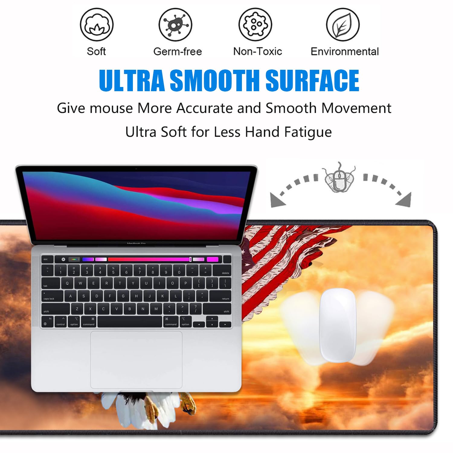 XXL Gaming Mouse Pad 31.5x11.8 Inches - Non-Slip Desk Mat with Stitched Edges & 2 Coasters - Perfect for PC Gaming, Office Work & Home Decor (American Flag Bald Eagle Design)