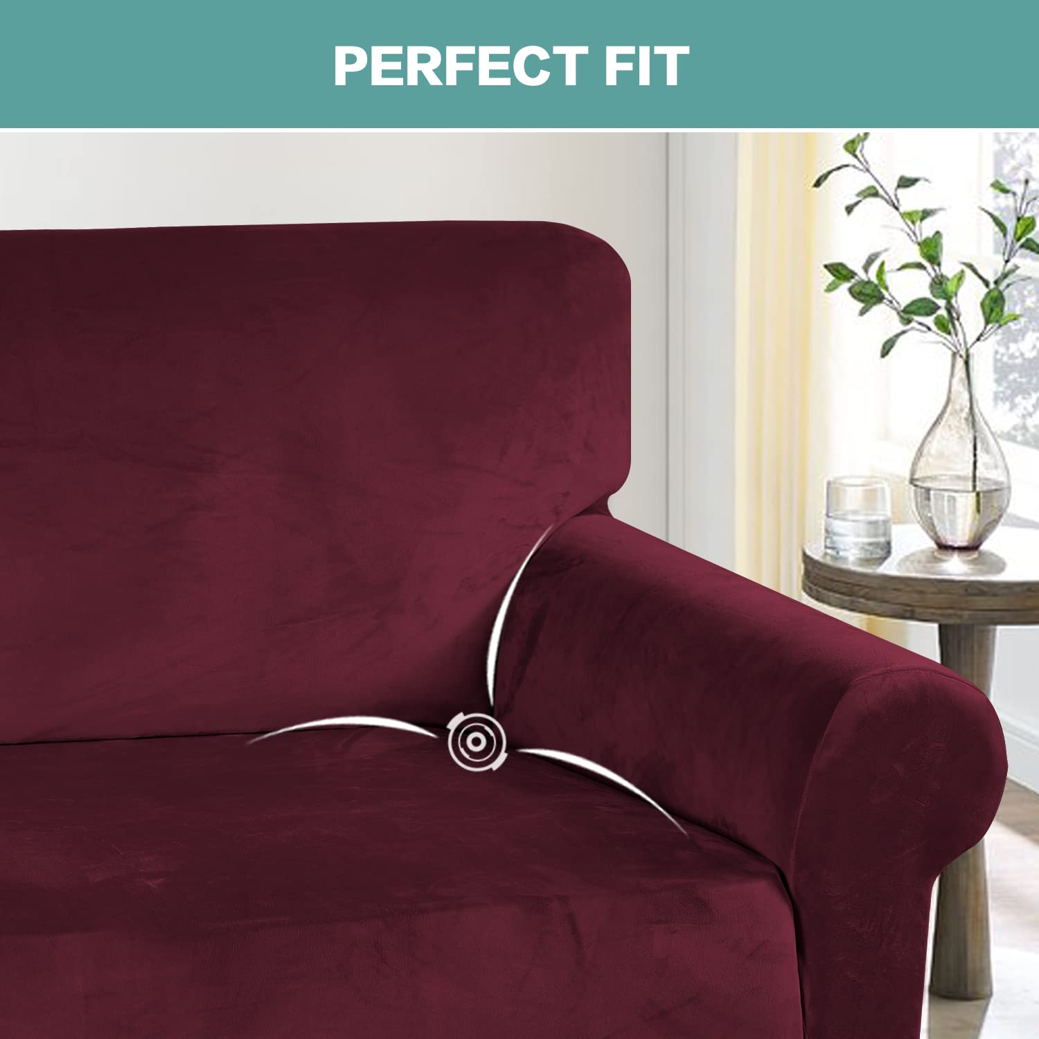 Luxury Turquoise Velvet Stretch Sofa Cover for 3-Cushion Couches - Oversized Non-Slip Elastic Slipcover with Soft Fabric (XL, Burgundy) | Perfect for Living Room, Home Theater & Guest Room Decor