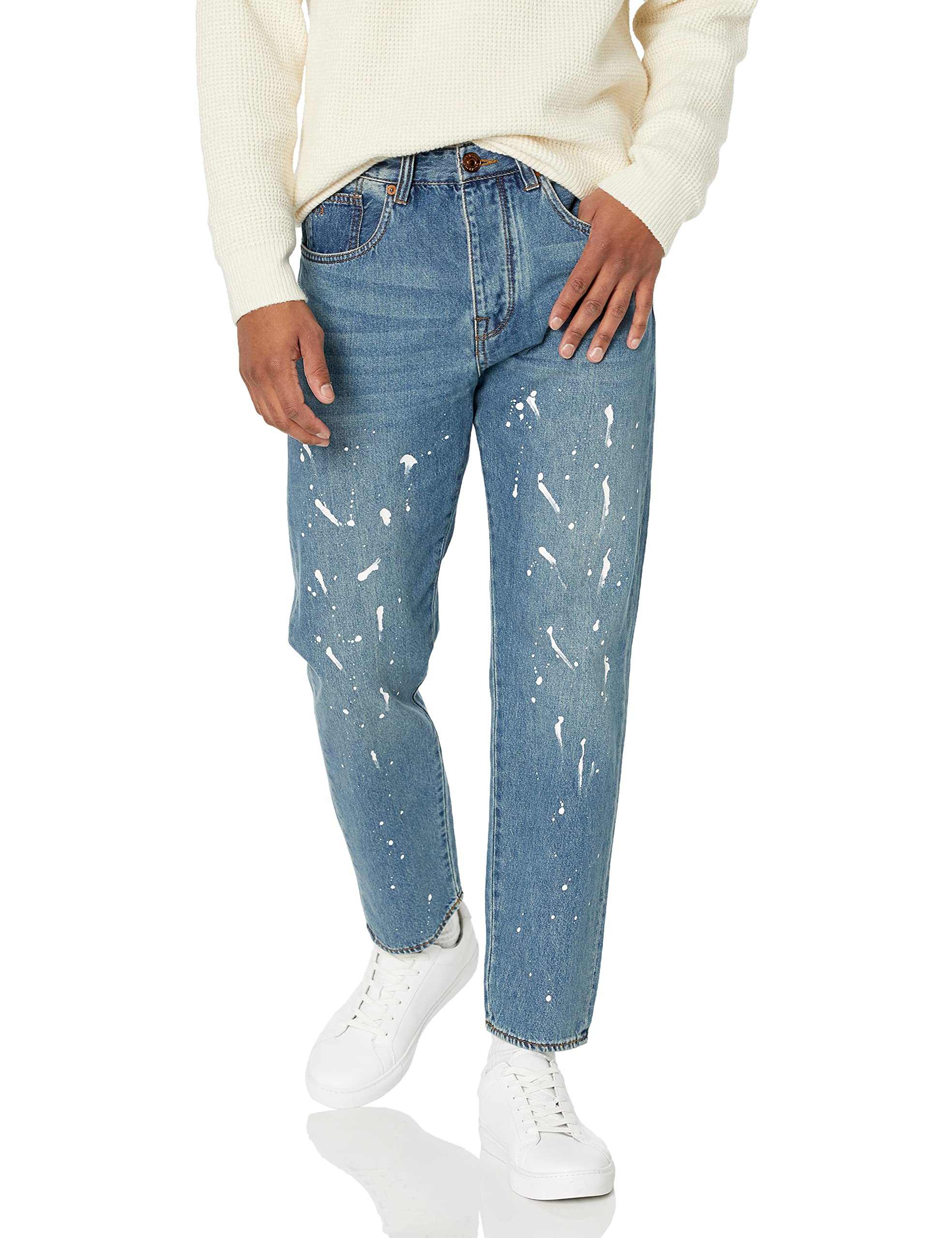 ARMANI EXCHANGE Men's Splatter Paint Medium Blue Tapered Denim Jeans | Slim Fit Stretch Comfort | Casual Wear & Street Style Outfits