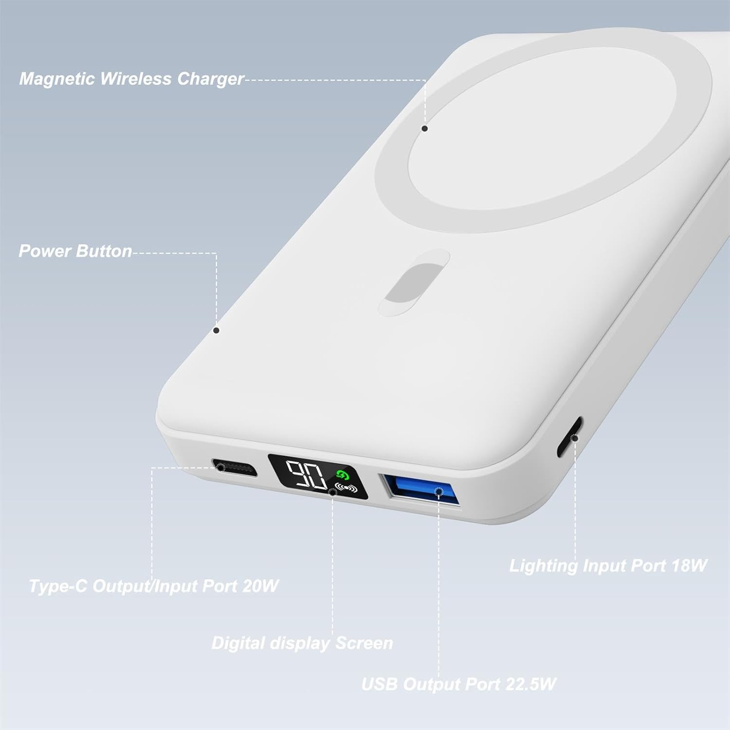 AOGUERBE 10000mAh Magnetic Wireless Power Bank with LED Display - 22.5W PD Fast Charging Portable Charger for iPhone 16/15/14/13/12 Pro/Pro Max/Plus/Mini | Foldable Design with USB-C Cable | Perfect for Travel, Work & Outdoor Adventures
