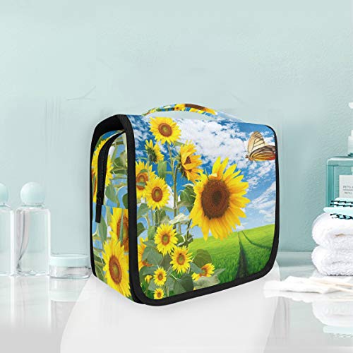 Hanging Travel Toiletry Bag Kit - Waterproof Cosmetic Organizer for Men & Women (Sunflower Design) | Perfect for Vacation, Gym, Camping & Business Trips