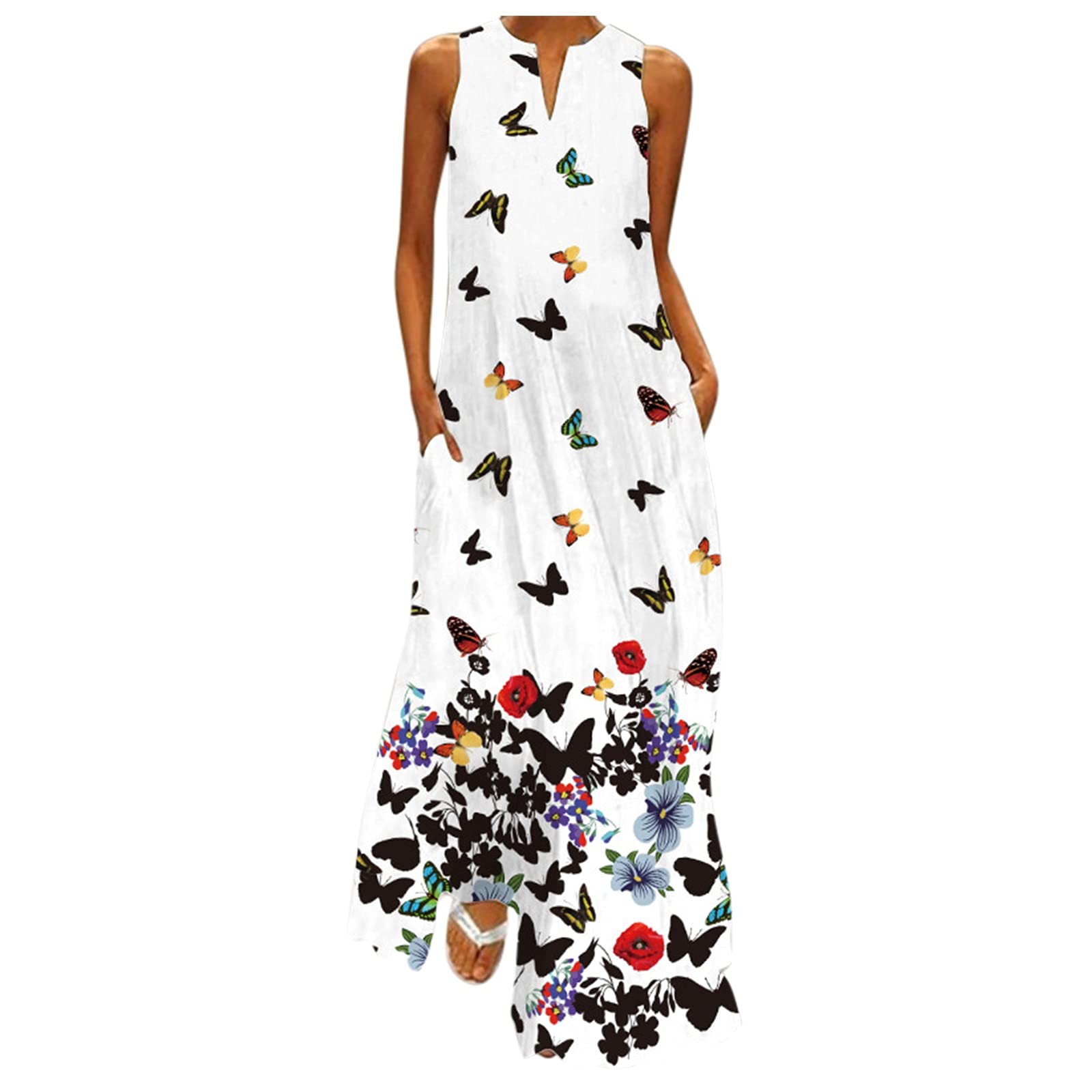 Elegant Floral Print V-Neck Maxi Dress with Pockets - Sleeveless Summer Party Dress for Women | Perfect for Beach Vacations, Weddings & Evening Events