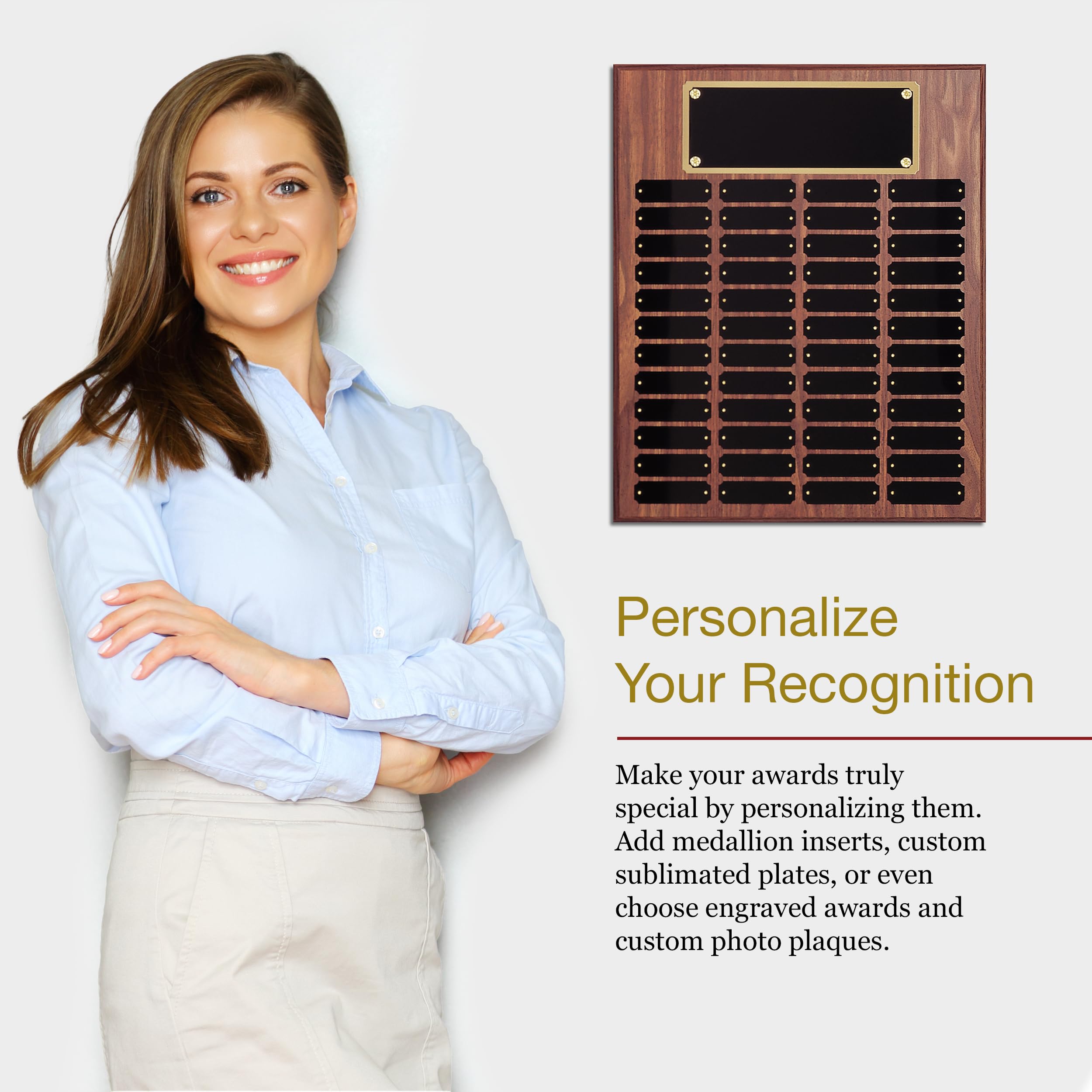 16 x 20 Inch Walnut Perpetual Plaque Award Board - Employee Recognition & Achievement Award with Gold Header - 48 Name Plates for Office Appreciation, Corporate Gifts, and Milestone Celebrations