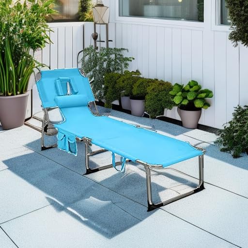 GYMAX Folding Tanning Chair with Adjustable Backrest - Portable Beach Lounger with Face Hole, Arm Holes, Side Pocket & Carry Handle - Outdoor Sunbathing Chair for Patio, Pool, Beach & Backyard Relaxation (Turquoise)