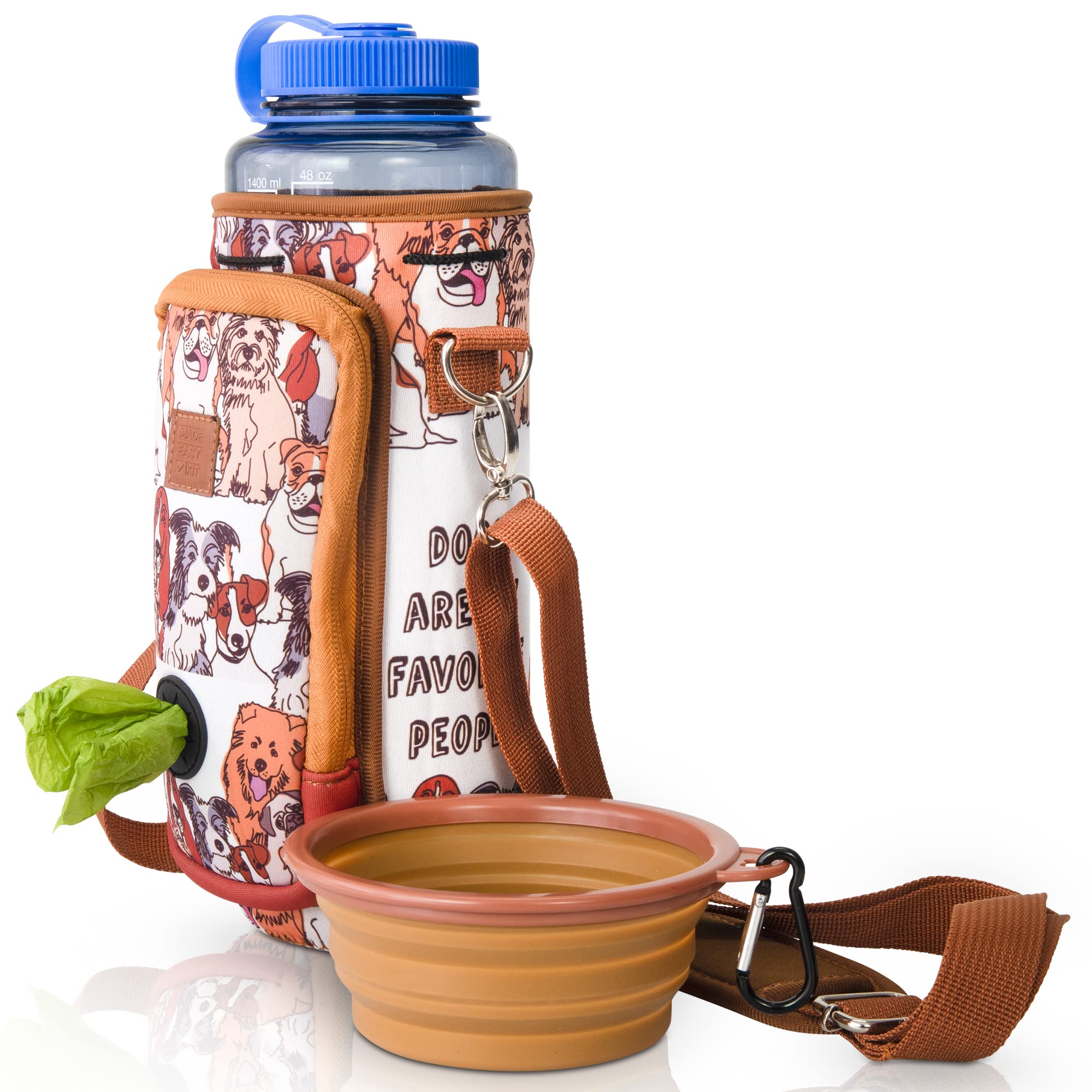 **Premium Adjustable Padded Shoulder Strap Water Bottle Carrier with Pocket for Dog Waste Bags – Tall & Large (40oz) Includes Bowl – Perfect for Hiking, Dog Walks & Outdoor Adventures (Brown, Dog Lover Gift)**