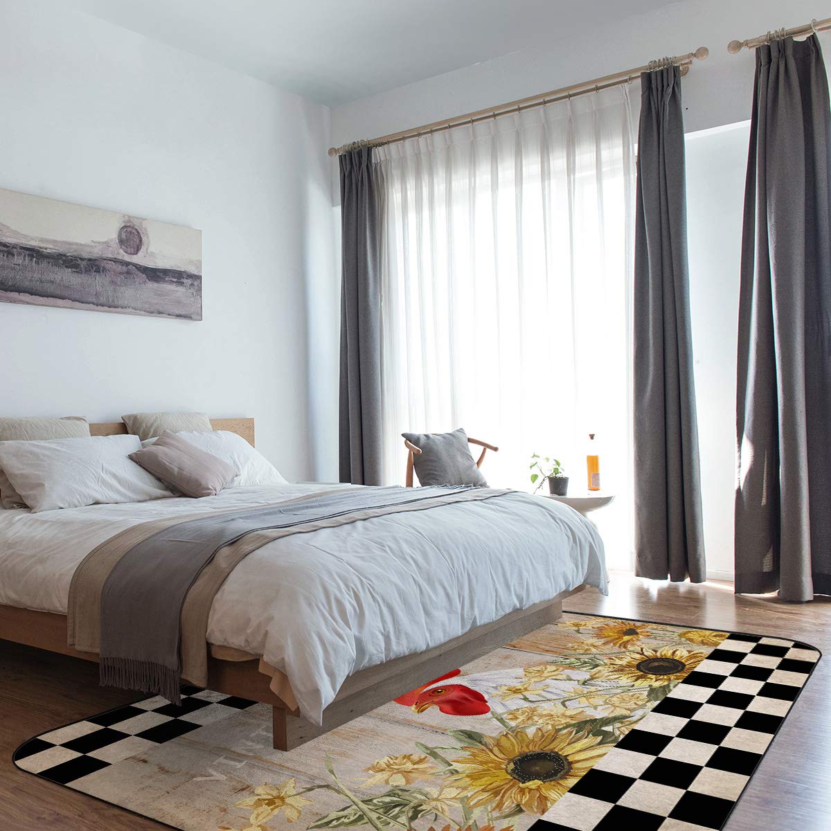 Sunflower Chicken Large Area Rug 5'x8' Non-Slip Farmhouse Decor Carpet for Living Room, Bedroom & Kids Room | Machine Washable Rectangle Rug with Rooster Plaid Design | Perfect for Farmhouse Style Homes & Nursery Decor