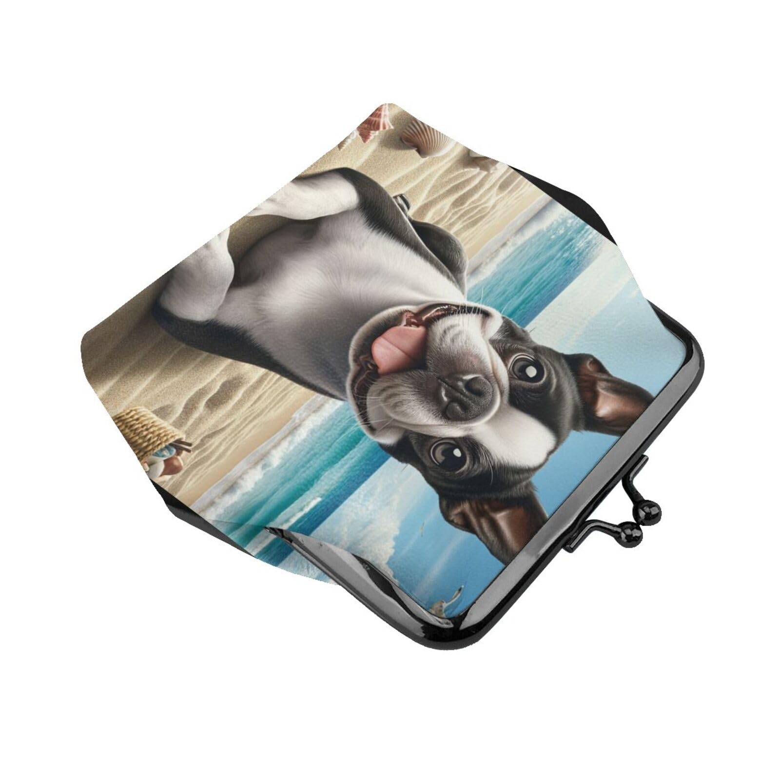 Boston Terrier Beach Themed PU Leather Kiss-Lock Coin Purse - Cute Change Wallet for Girls (Perfect for Beach Trips, Shopping & Gift Giving)