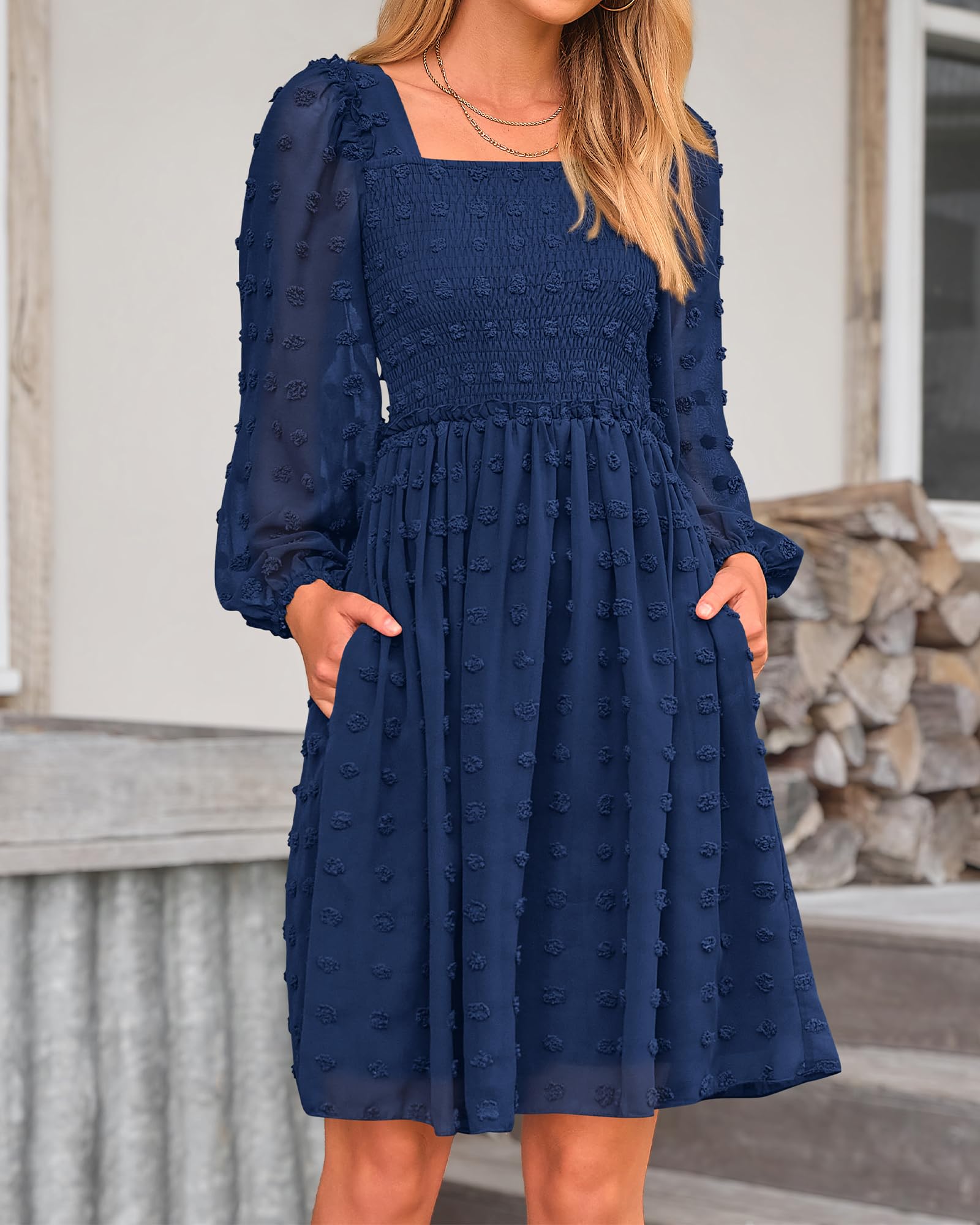 BTFBM Women's Floral Swiss Dot Smocked Mini Dress - Square Neck Long Sleeve Boho Style for Wedding Guest, Spring & Summer 2025 | Perfect for Garden Parties, Bridal Showers & Date Nights