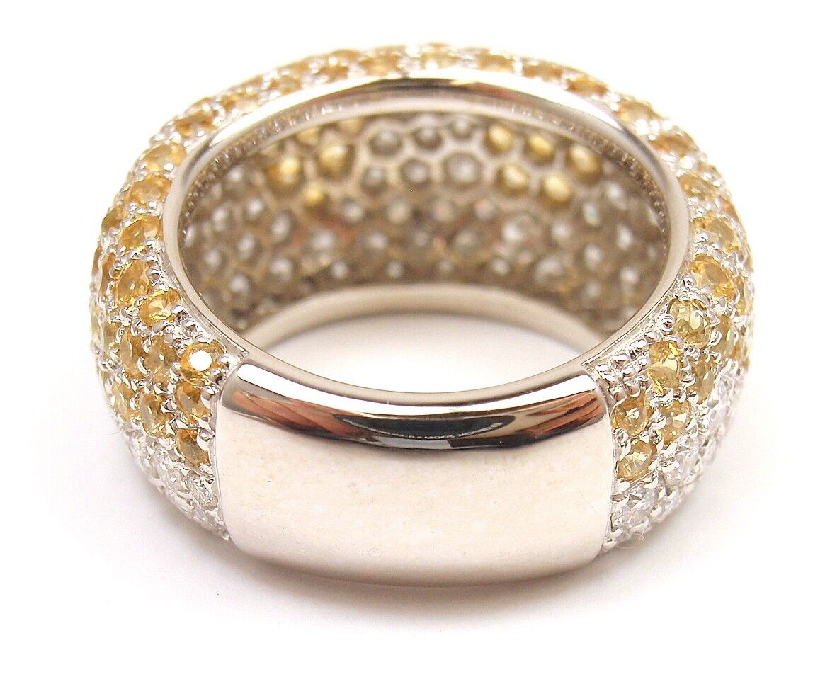 Authentic Chopard 18K White Gold Yellow Sapphire Diamond Wave Wide Band Ring for Women - Luxury Statement Jewelry for Weddings, Anniversaries & Special Occasions