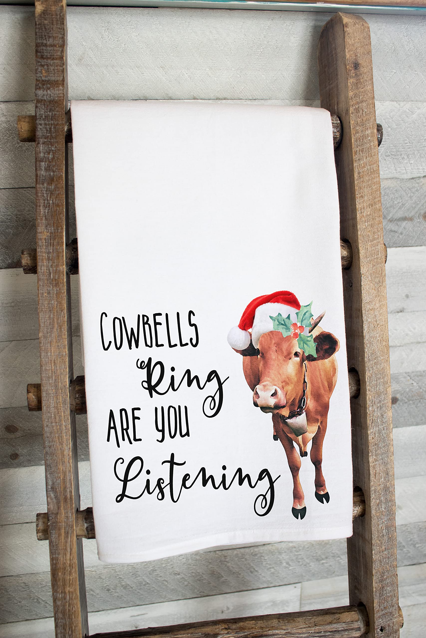 Christmas Flour Sack Dish Towels - Holiday Kitchen Tea Towels for Xmas Decor (Cowbells Ring Christmas Cow) - Perfect for Baking, Gift Wrapping & Festive Home Decor