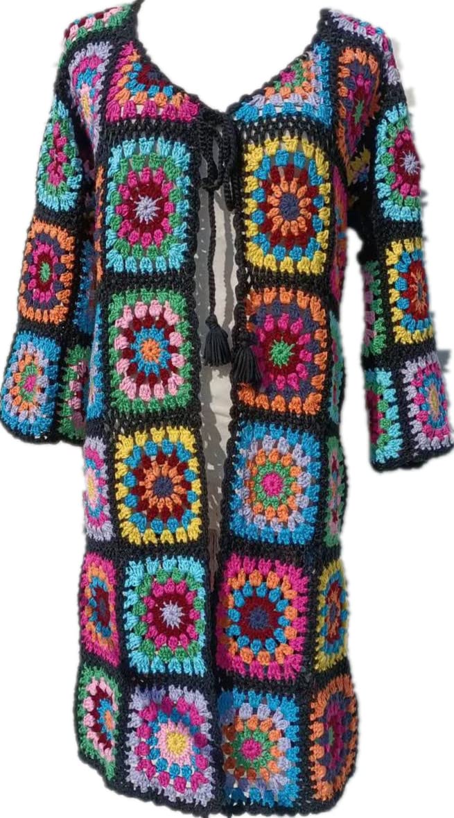 Lightweight Granny Square Crochet Cardigan for Women - Open Front Long Sweater with Tie Detail, Plus Size Boho Chic Coat - Perfect for Casual Outings, Beach Cover-Ups & Cozy Fall Layering