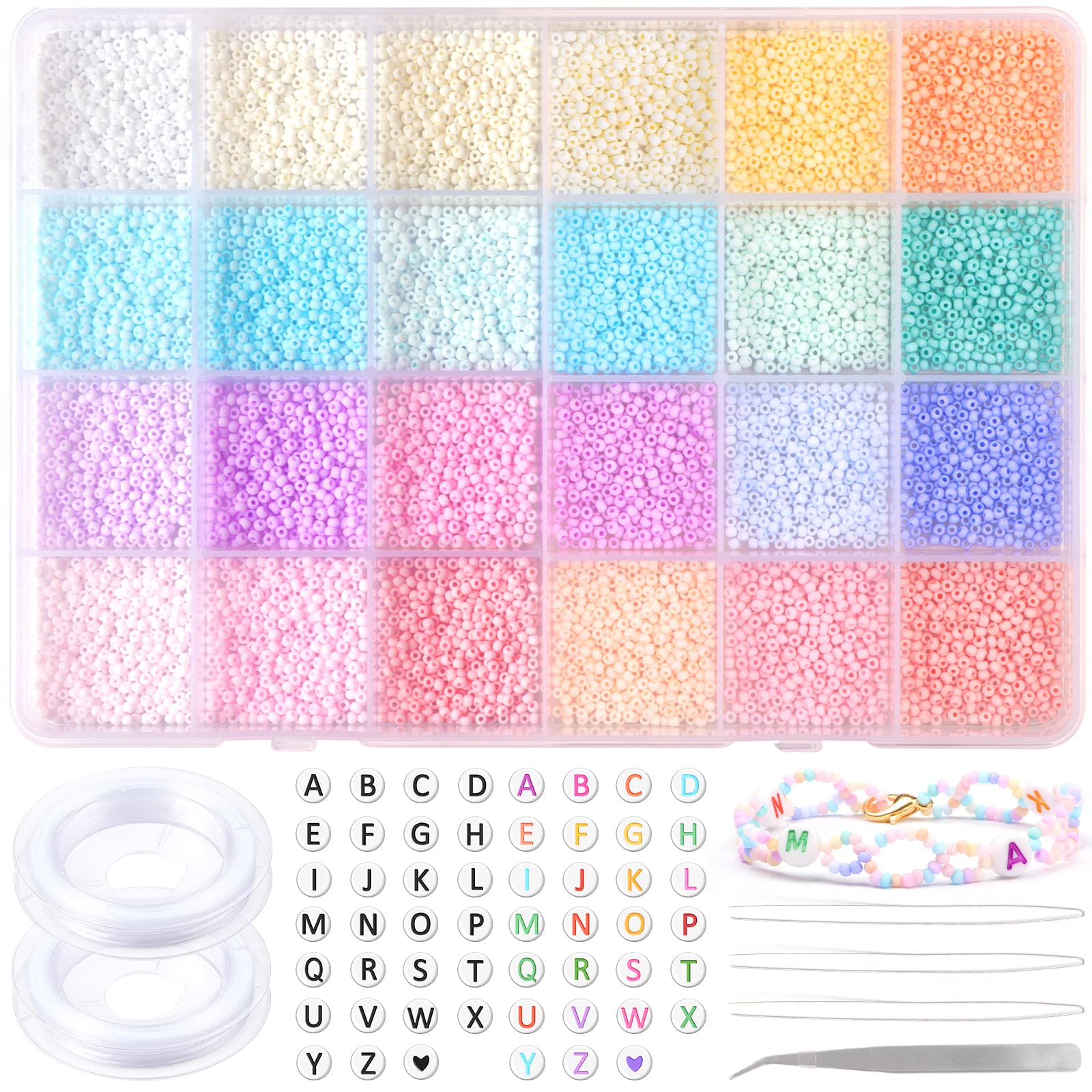 Gacuyi 2mm Pastel Glass Seed Beads Kit - 10,008pcs Macaron Small Beads for Jewelry Making, DIY Bracelets, Necklaces & Rings with Alphabet Letter Beads & Elastic String Cord - Perfect for Crafting, Gift Making & DIY Fashion Accessories