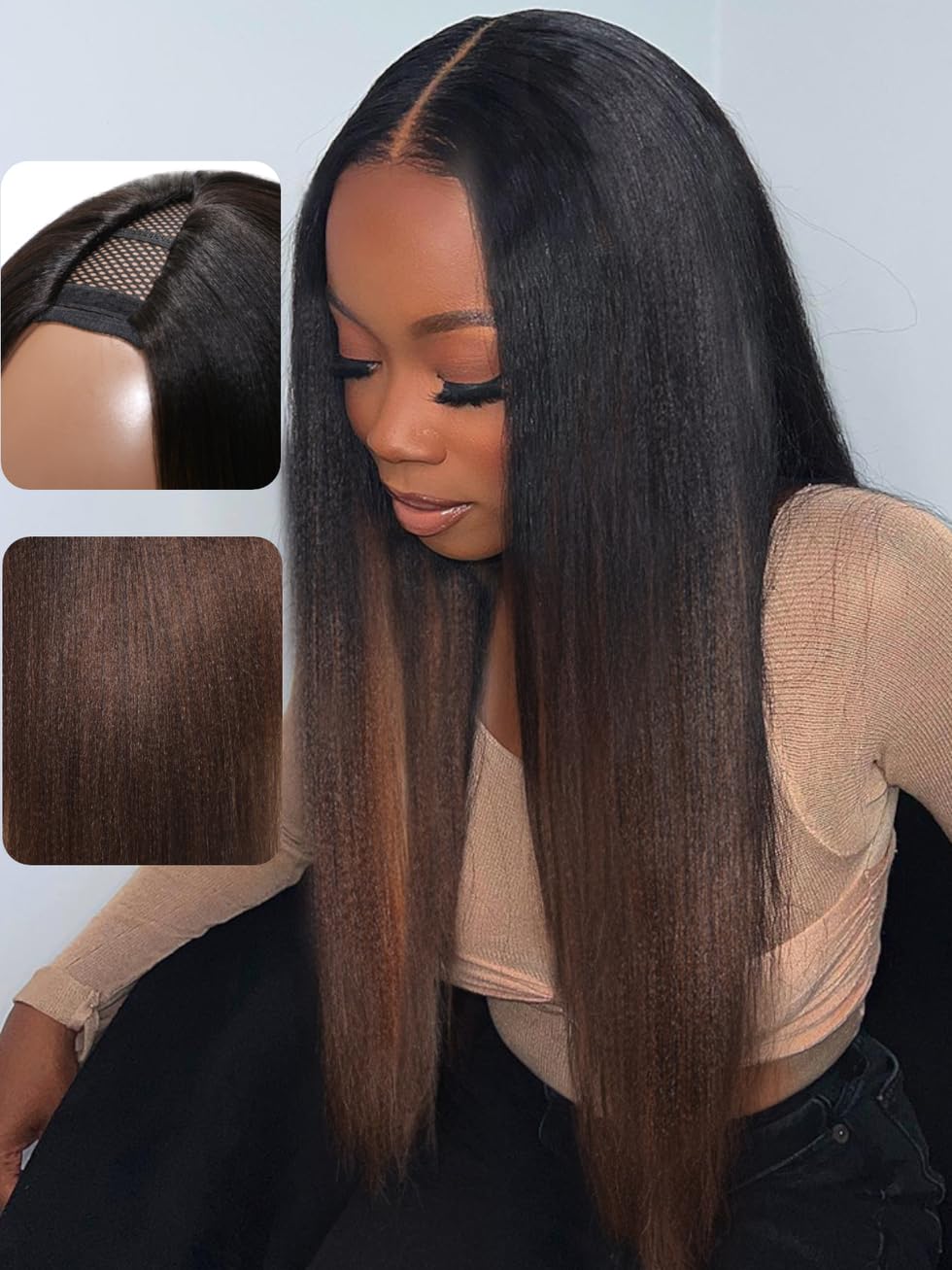 UNICE EasiContour V Part Wigs Human Hair Yaki Straight Glueless Wigs - No Sew in No Glue Ombre Chestnut Brown Clip-in V Part Wig (24 inch) | Beginner Friendly Upgrade U Part Human Hair Wig for Daily Wear, Parties & Special Occasions