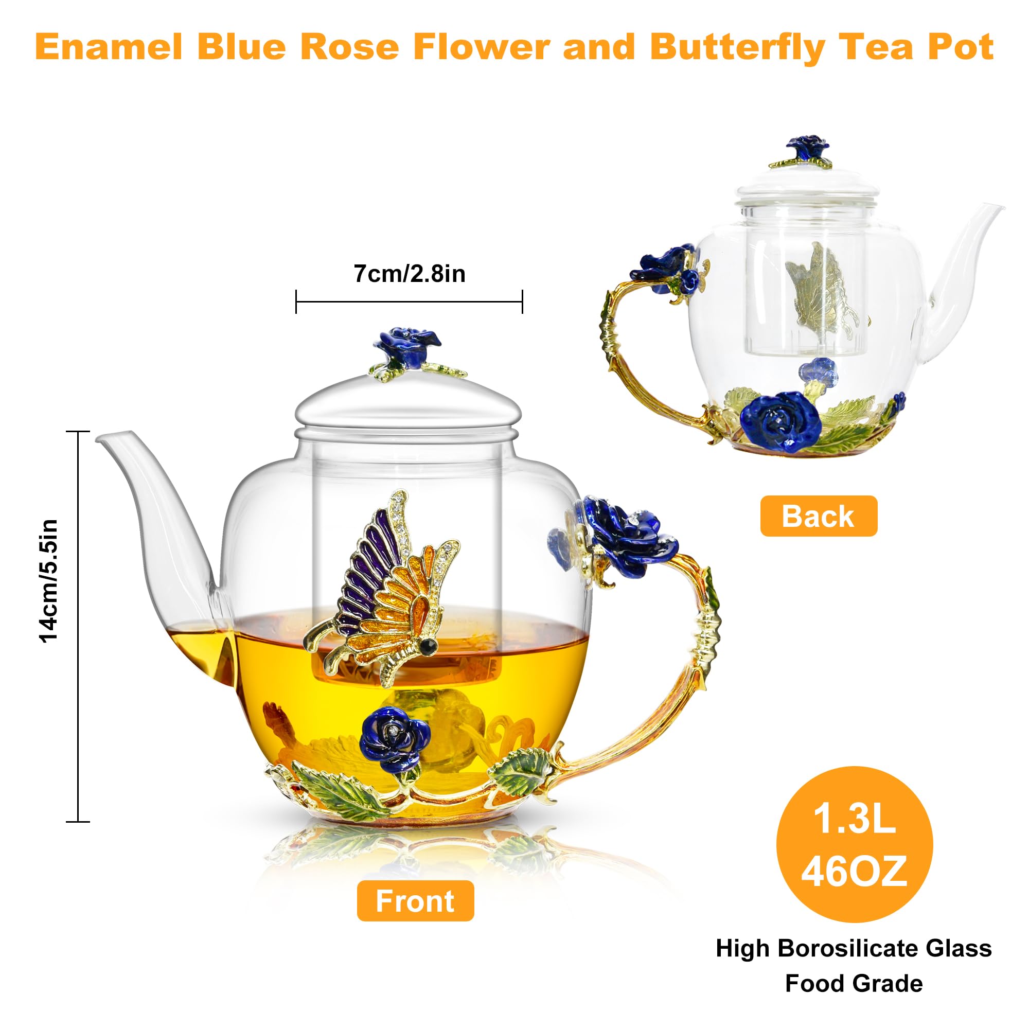 46oz/1300ml Blue Rose Enamel Glass Teapot with Infuser & Lid - Floral Butterfly & Gold Trim Design - Perfect Gift for Mom, Women, Mother's Day & Birthday - Ideal for Tea Parties, Afternoon Tea & Home Decor