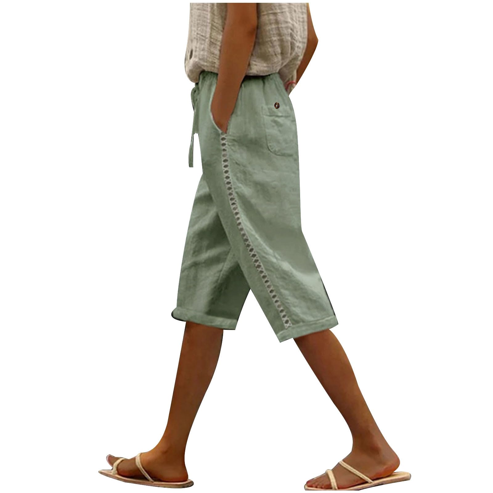 2024 Summer High Waisted Bermuda Shorts for Women - Cotton Linen Blend, Drawstring Waist, Knee Length Casual Workout Shorts for Yoga, Running, and Outdoor Activities