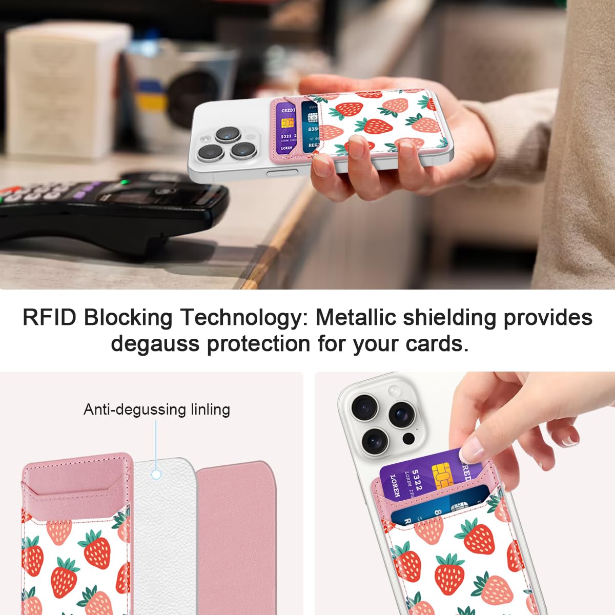 Self Adhesive Phone Card Holder - Leather RFID Blocking Wallet Pocket for iPhone & Samsung - Stick On Credit Card Sleeve for Phone Case (Strawberry Design) - Perfect for Contactless Payments & On-the-Go Convenience