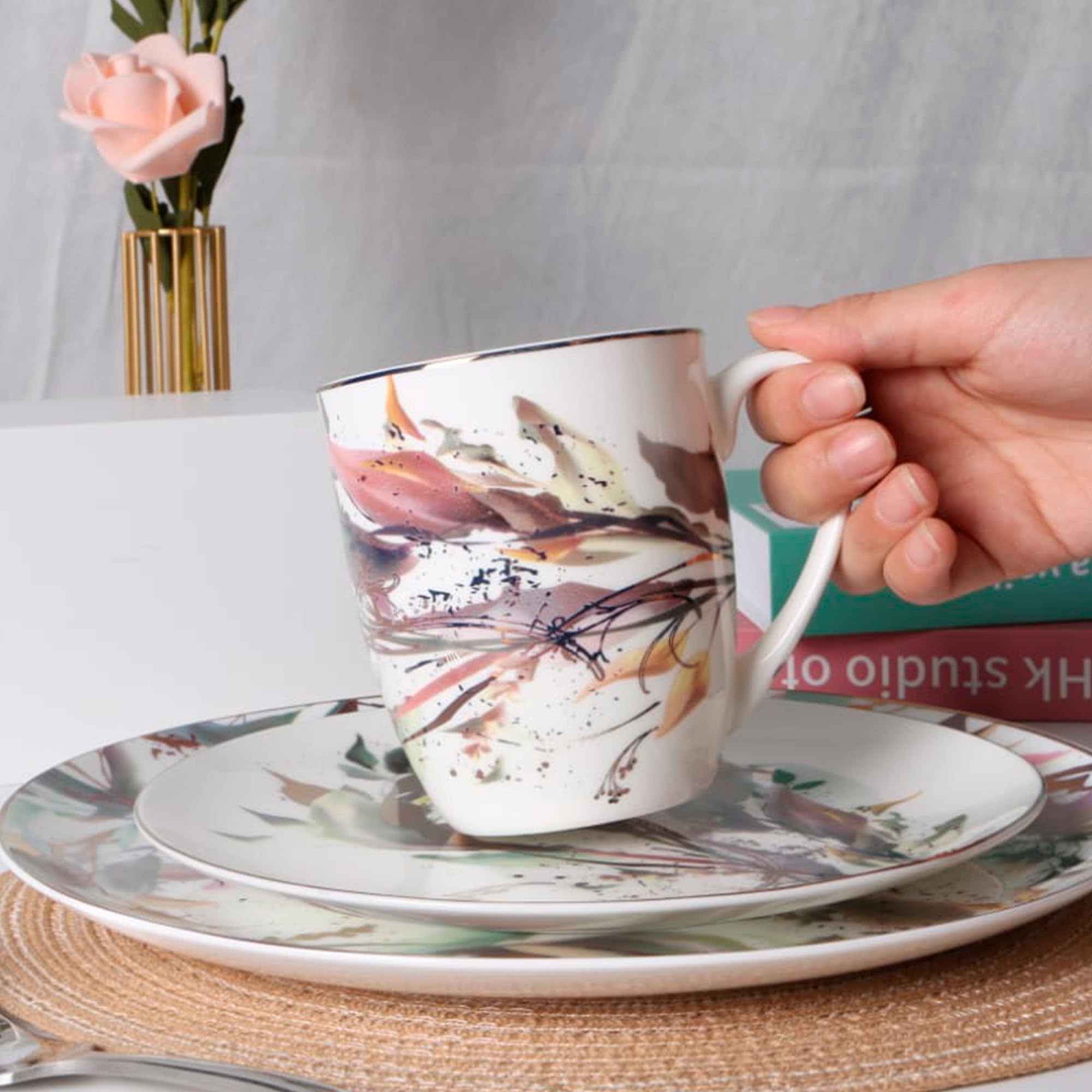 Elegant Pink & Gold 16-Piece Ceramic Dinnerware Set for 4 - Includes Dinner Plates, Salad Plates, Dessert Plates & Cereal Bowls - Microwave Safe Bone China - Perfect for Family Meals, Dinner Parties & Everyday Use by KOKEN