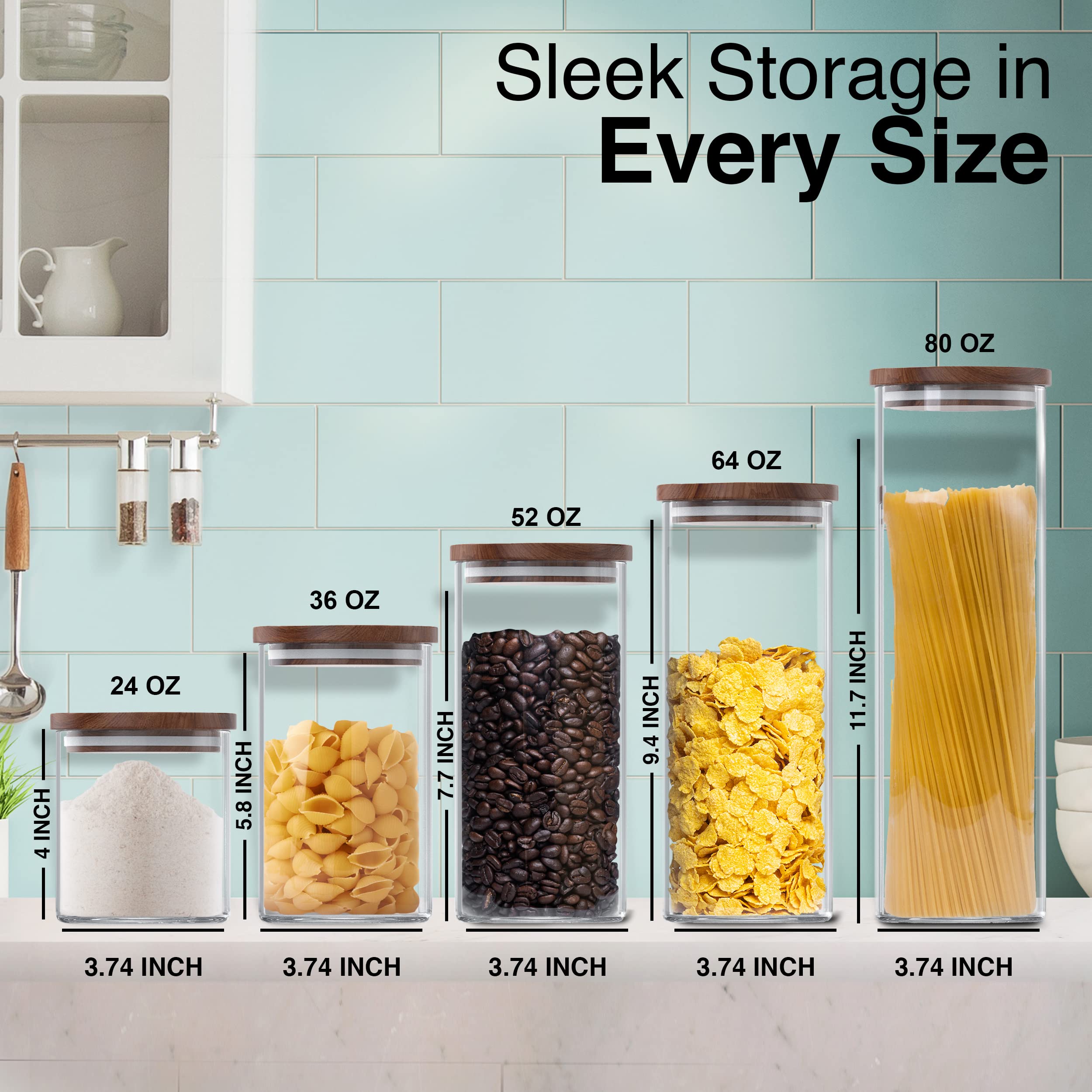 Square Glass Jars with Wood Lids - Set of 4 (24oz) Airtight & Stackable Food Storage Containers | BPA-Free, Recyclable Canisters for Coffee, Cookies, Pasta, Sugar | Perfect for Kitchen Pantry Organization & Home Decor