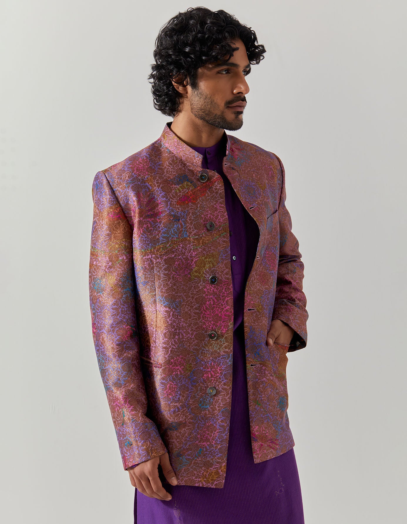 Bandhgala Silk Brocade Amethyst Fresco Jacket for Men | Elegant Indian Wedding Sherwani | Perfect for Formal Events & Cultural Celebrations