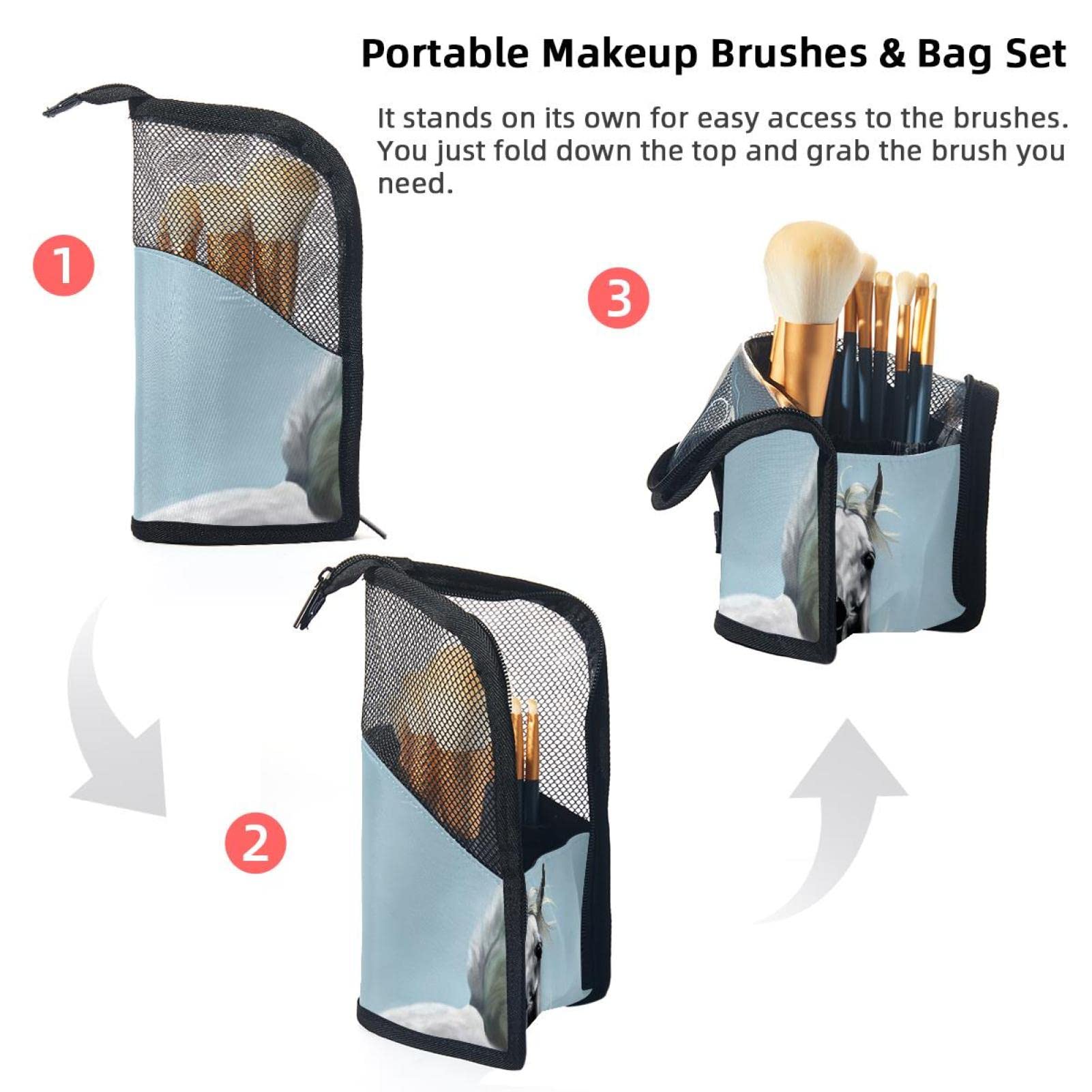 Premium 12-Slot Makeup Brush Organizer Bag - Portable Travel Cosmetic Brush Holder Case with Farm Animal White Horse Design - Perfect for Home, Travel & Professional Makeup Artists