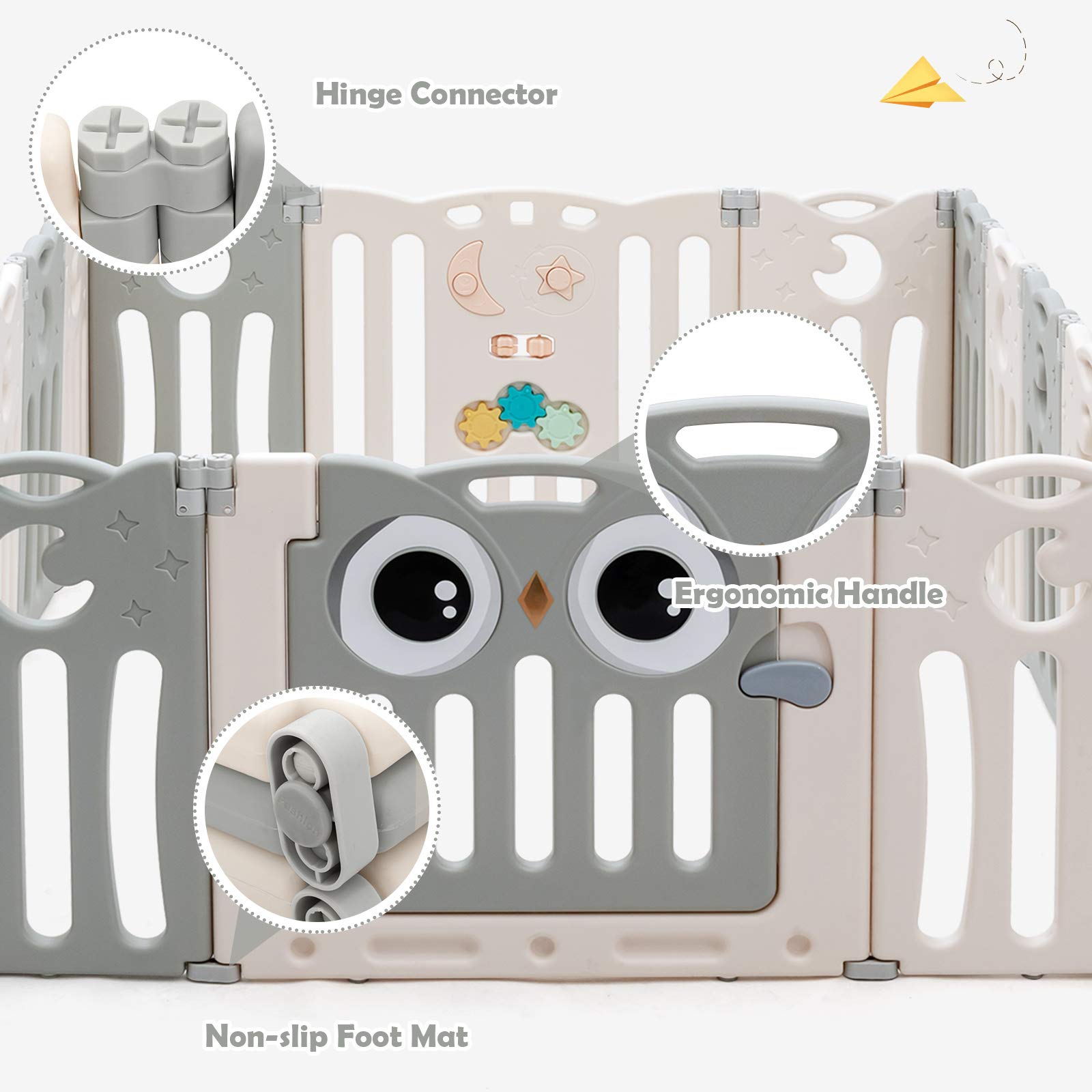 Costzon 16-Panel Foldable Baby Playpen with Locking Door - Non-Slip Rubber Pads & Bases for Safety - Indoor/Outdoor Adjustable Play Yard for Toddlers - Perfect for Home, Backyard, Daycare & Travel (Beige)