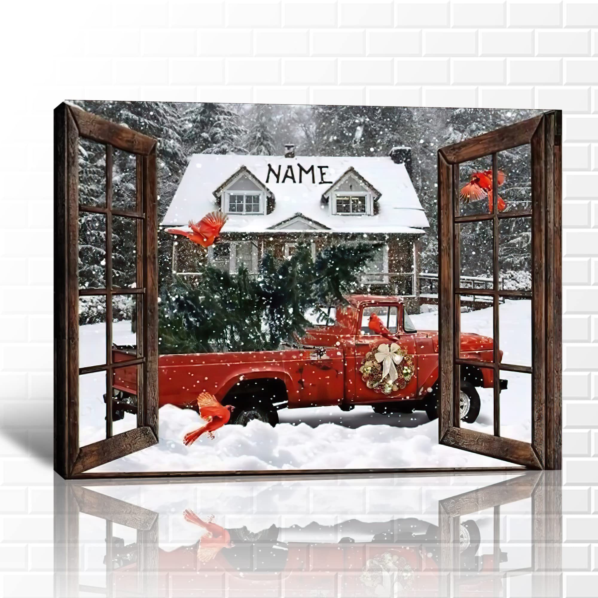 **Vintage Farmhouse Truck Canvas Wall Art - Rustic Red Truck with Window Picture - Personalized Country Home Decor - 32x48 Inches - Perfect for Living Room, Bedroom, or Cabin Wall Decor**