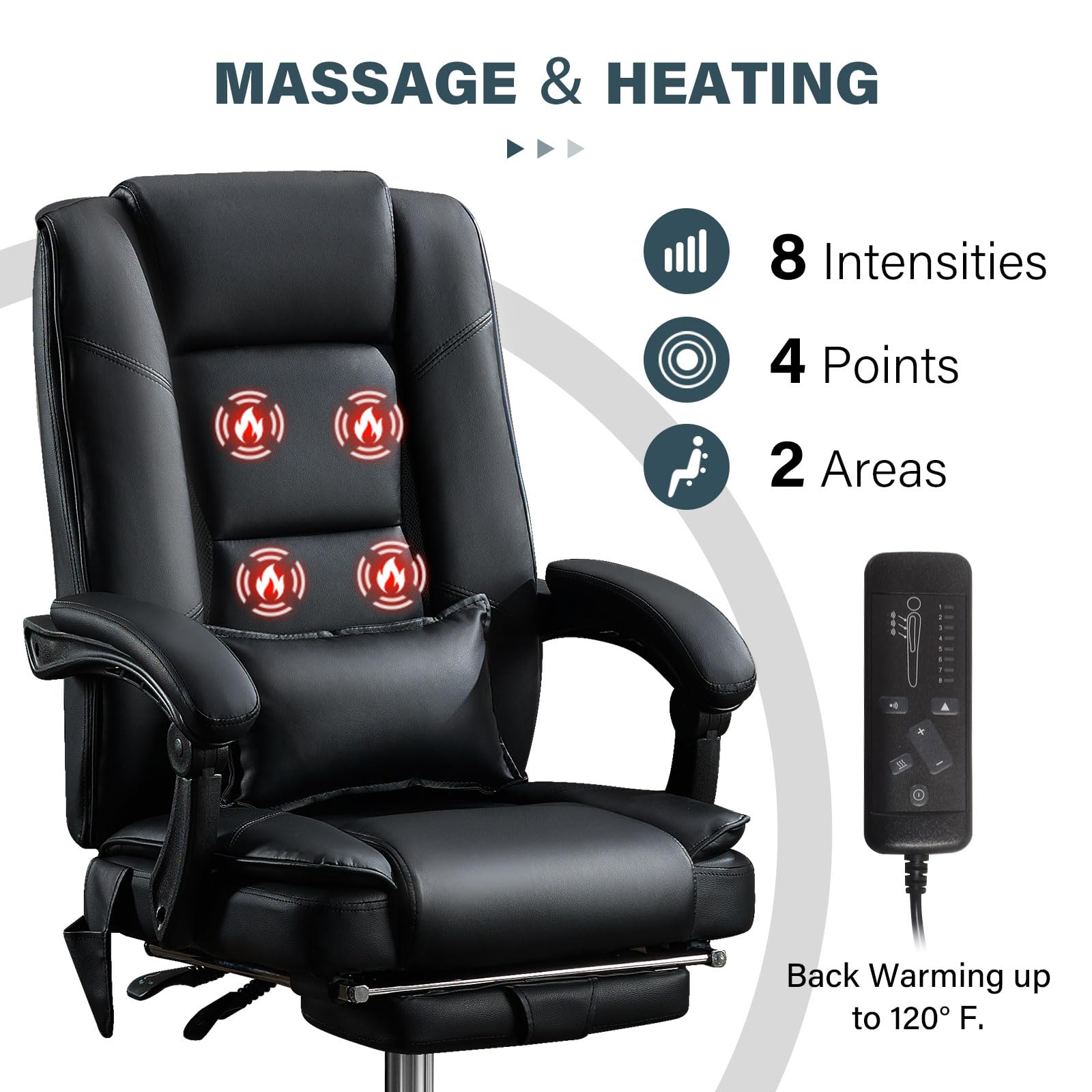 Ergonomic Massage Office Chair with Heat & 4 Vibration Points - Executive Reclining Chair with Footrest, Padded Armrests & Wheels - Perfect for Home Office, Gaming & Workspaces
