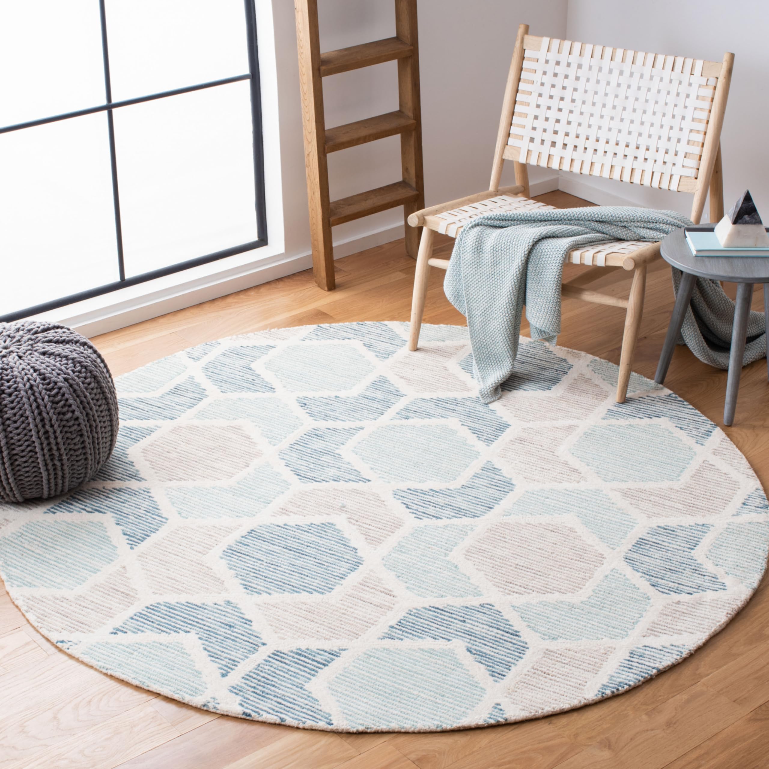 SAFAVIEH Precious Collection 6-Foot Round Turquoise Boho Rug PRE217K - Handmade Geometric Wool Area Rug for Living Room, Bedroom & Boho Decor