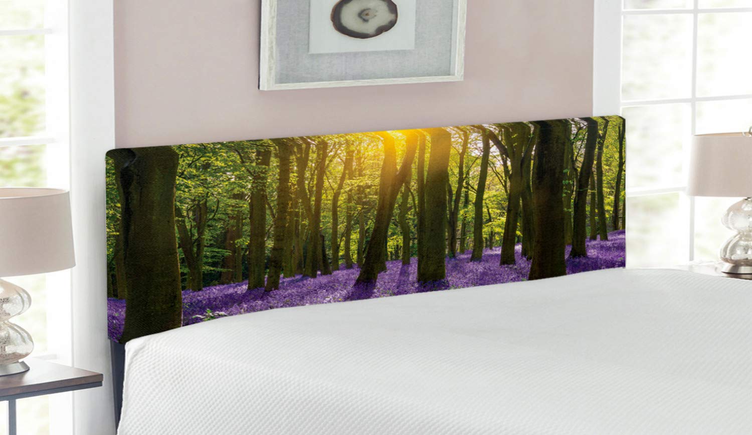 Ambesonne Woodland Headboard - Queen Size Upholstered Metal Bed Frame with Memory Foam, Bluebells & Sunbeam Forest Design in Violet Green Yellow | Perfect for Bedroom Decor, Guest Rooms & Cozy Cabin Retreats