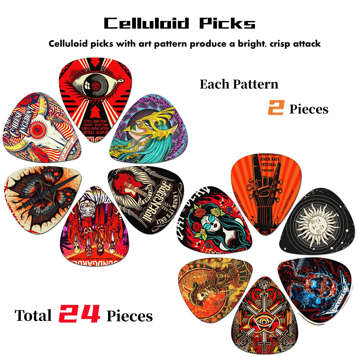 24 Pack Guitar Picks Variety Set - Thin, Medium, Heavy & Extra Heavy Celluloid Picks with Tin Box for Acoustic, Electric & Bass Guitar - Perfect Gift for Musicians & Music Lovers - Ideal for Practice, Recording & Live Performances