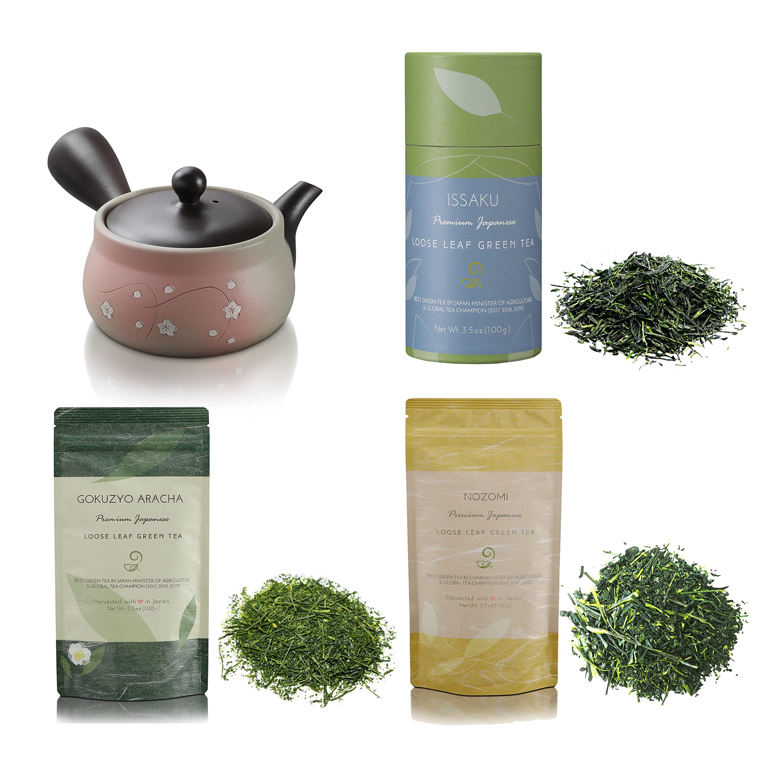 Premium Japanese Green Tea Set - Issaku, Nozomi & Gokuzyo Aracha Teas with Tokoname Kyusu Teapot - Authentic Japanese Tea Collection - Perfect for Tea Lovers, Gifts & Relaxation at Home or Office