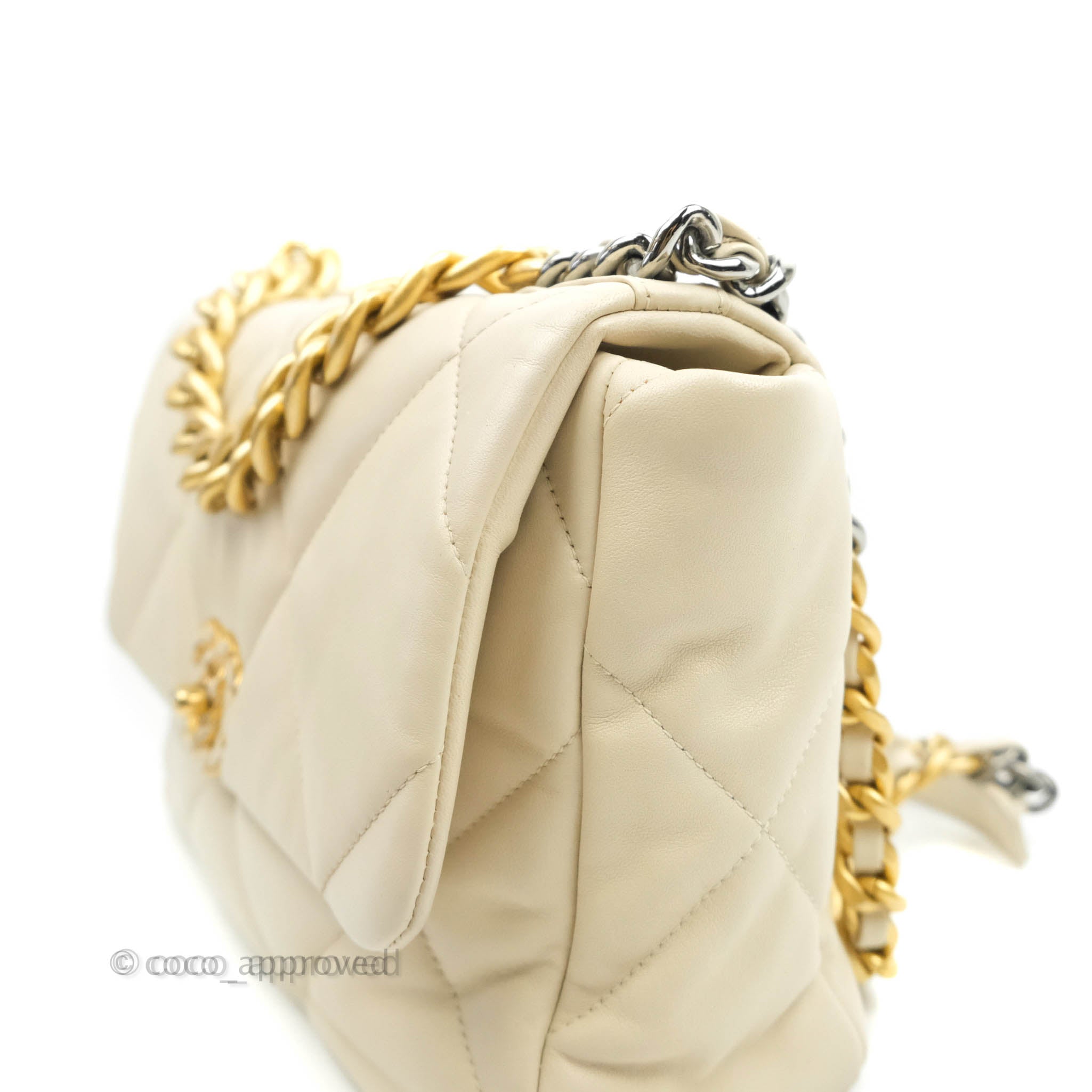 Chanel 19 Medium Flap Bag in Beige Cream Goatskin Leather with Mixed Hardware - Luxury Designer Handbag for Women, Perfect for Work, Travel and Special Occasions