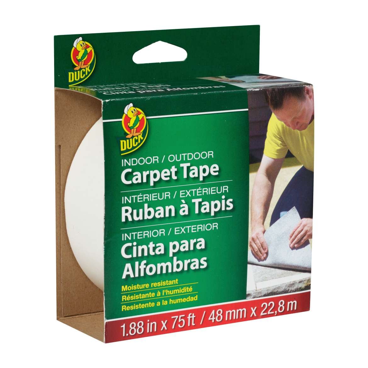 Duck Brand Indoor/Outdoor Fiberglass Double-Sided Carpet Tape - 1.88 Inch x 75 Feet Heavy Duty Adhesive (White) - Secure Rugs, Mats & Carpets on Hardwood, Tile & Concrete Floors