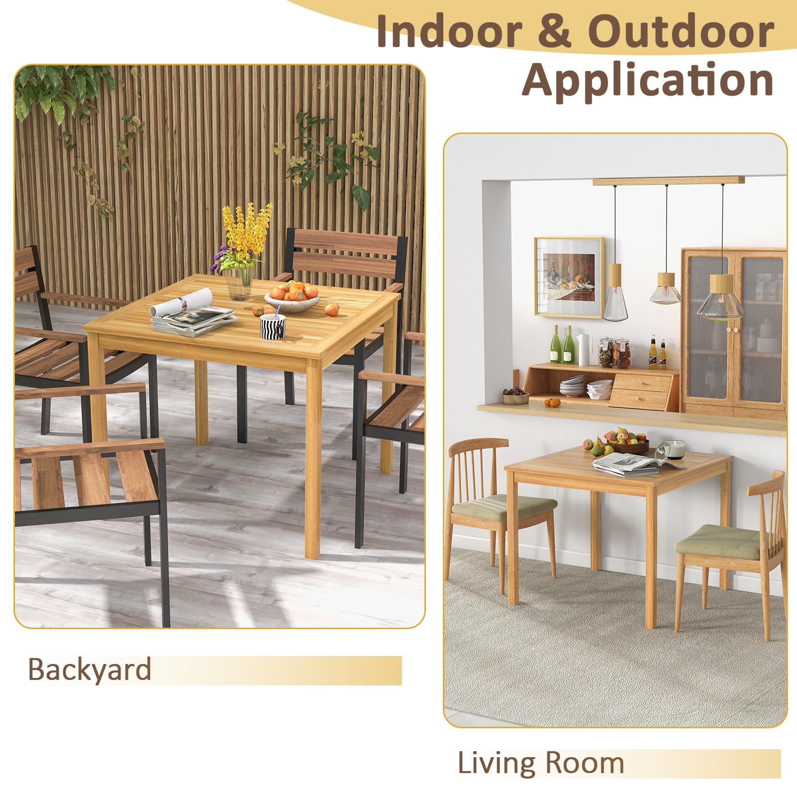 Tangkula 4-Person Square Outdoor Dining Table - Acacia Wood Patio Table with 1.9