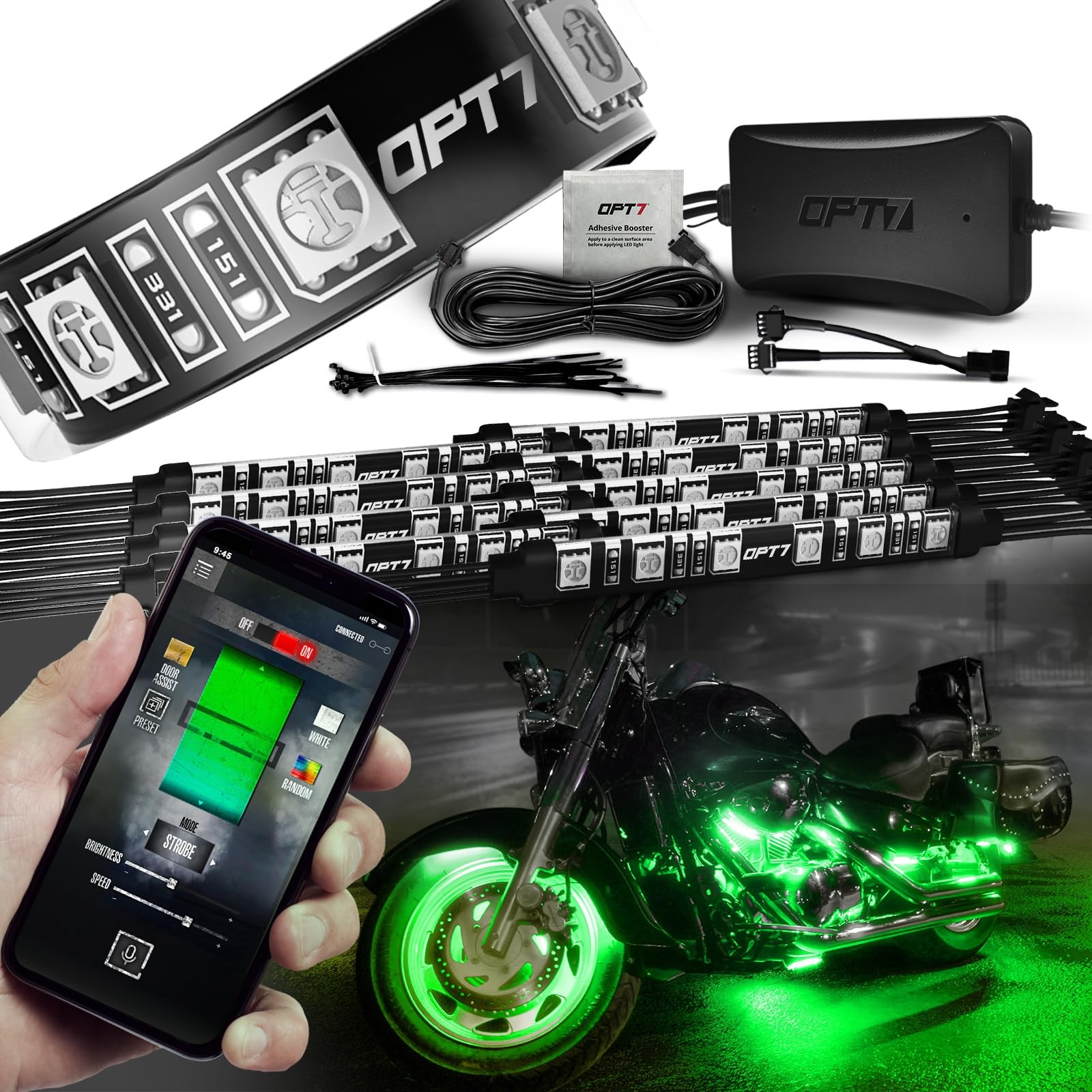OPT7 Aura Pro Motorcycle LED Light Kit - Smart Brake & RGB Multi-Color Underglow Neon Lights with Bluetooth APP Control, 10pc Waterproof 12V LED Strips for Cruisers (iOS/Android Compatible) - Perfect for Night Riding, Bike Shows & Custom Motorcycle Lighting