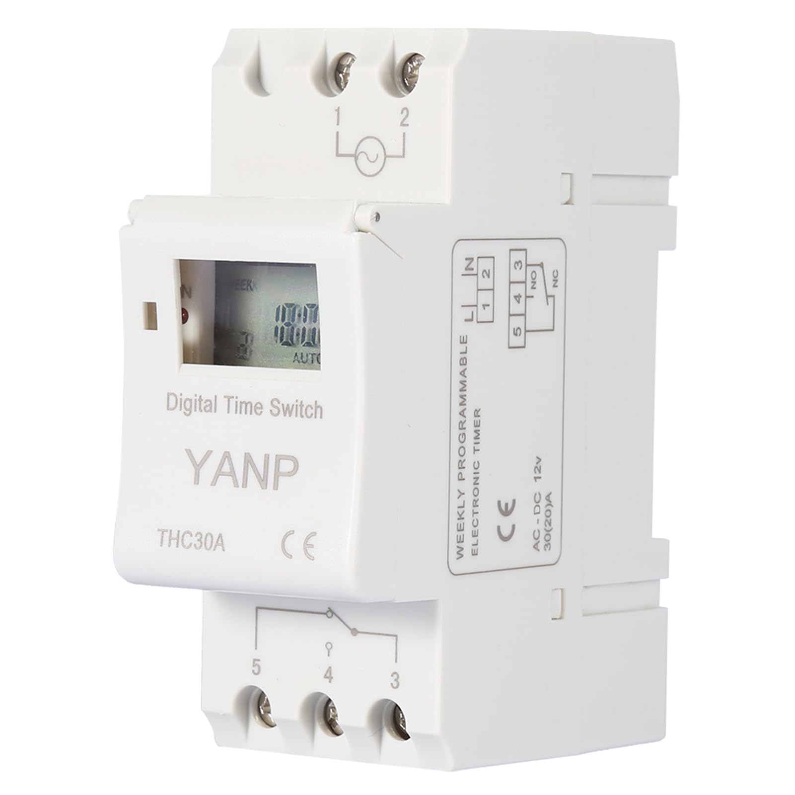 Programmable Digital Timer Switch with LCD Display - 30A DIN Rail Time Relay (12V) for Home Automation, HVAC, and Industrial Control Systems