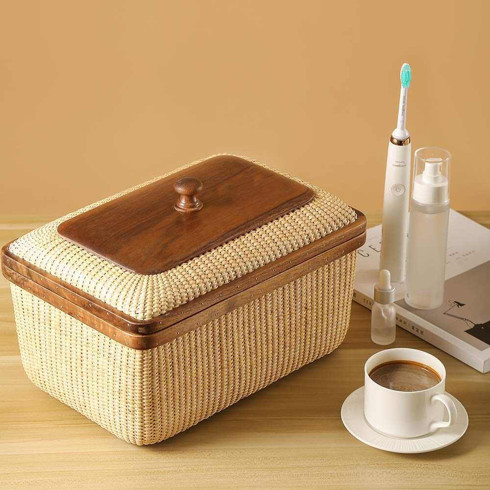 Multifunctional Woven Storage Basket Box with Lid - Cane-on-Cane Weave Organizer for Home, Office & Nursery | Rectangular Storage Baskets for Toys, Blankets & Clothes