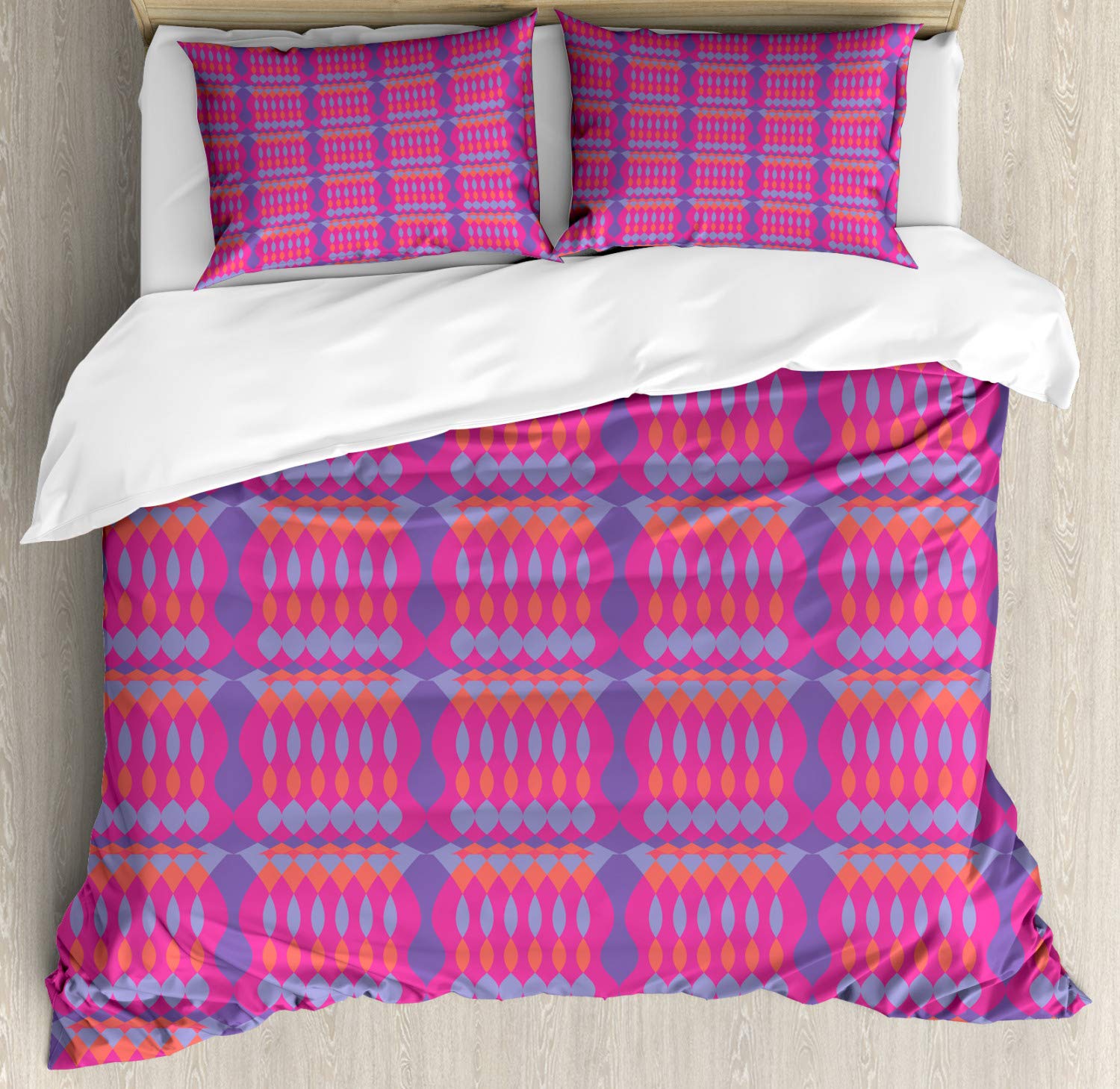 Ambesonne Abstract Duvet Cover Set - Colorful Oval & Diamond Pattern 3-Piece Queen Bedding with 2 Pillow Shams in Magenta Blue Violet | Modern Home Decor for Bedroom & Guest Room