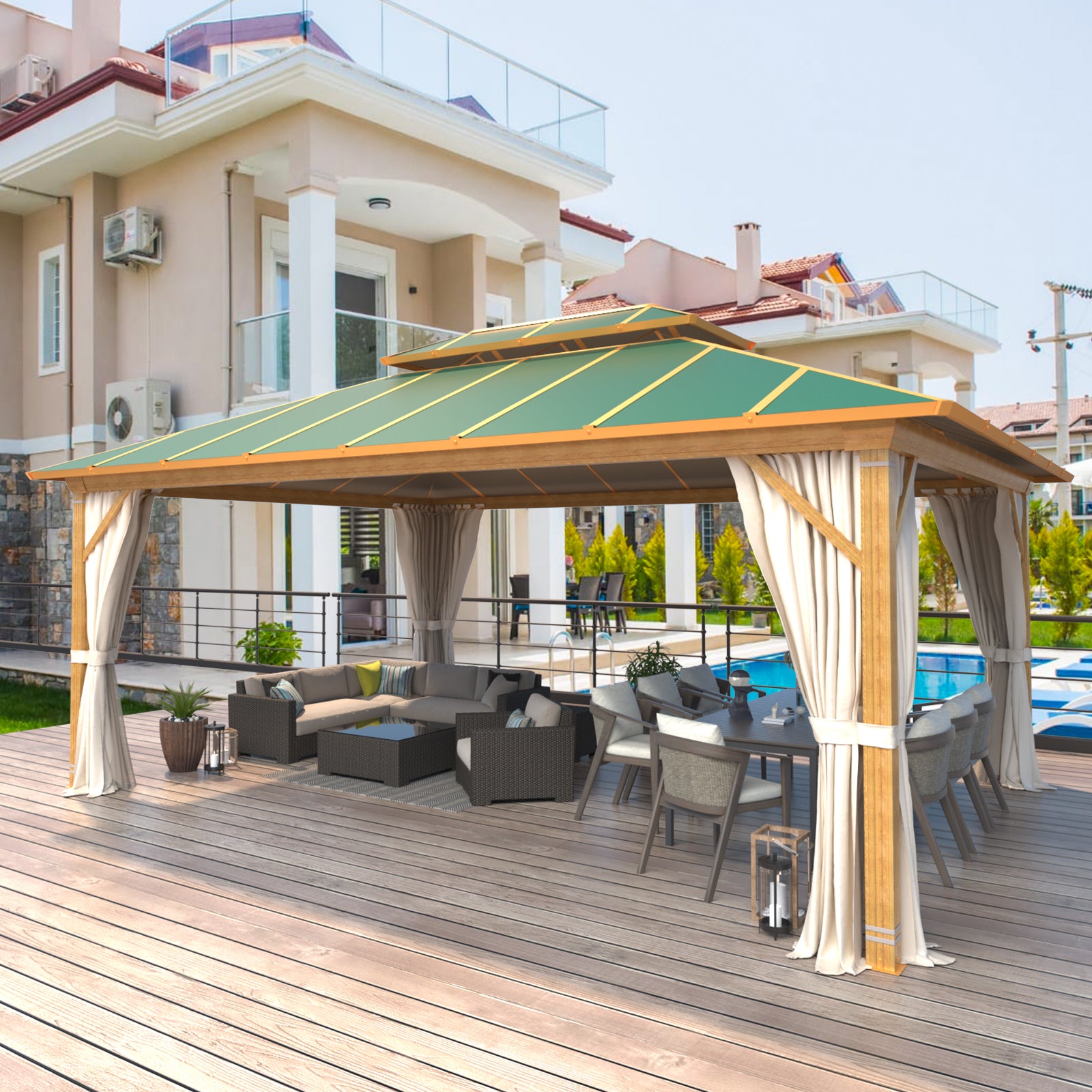 EROMMY 12X16 Gazebo with Wooden Grain Coated Aluminum Frame - Outdoor Patio Canopy for Backyard, Garden, and Poolside Relaxation