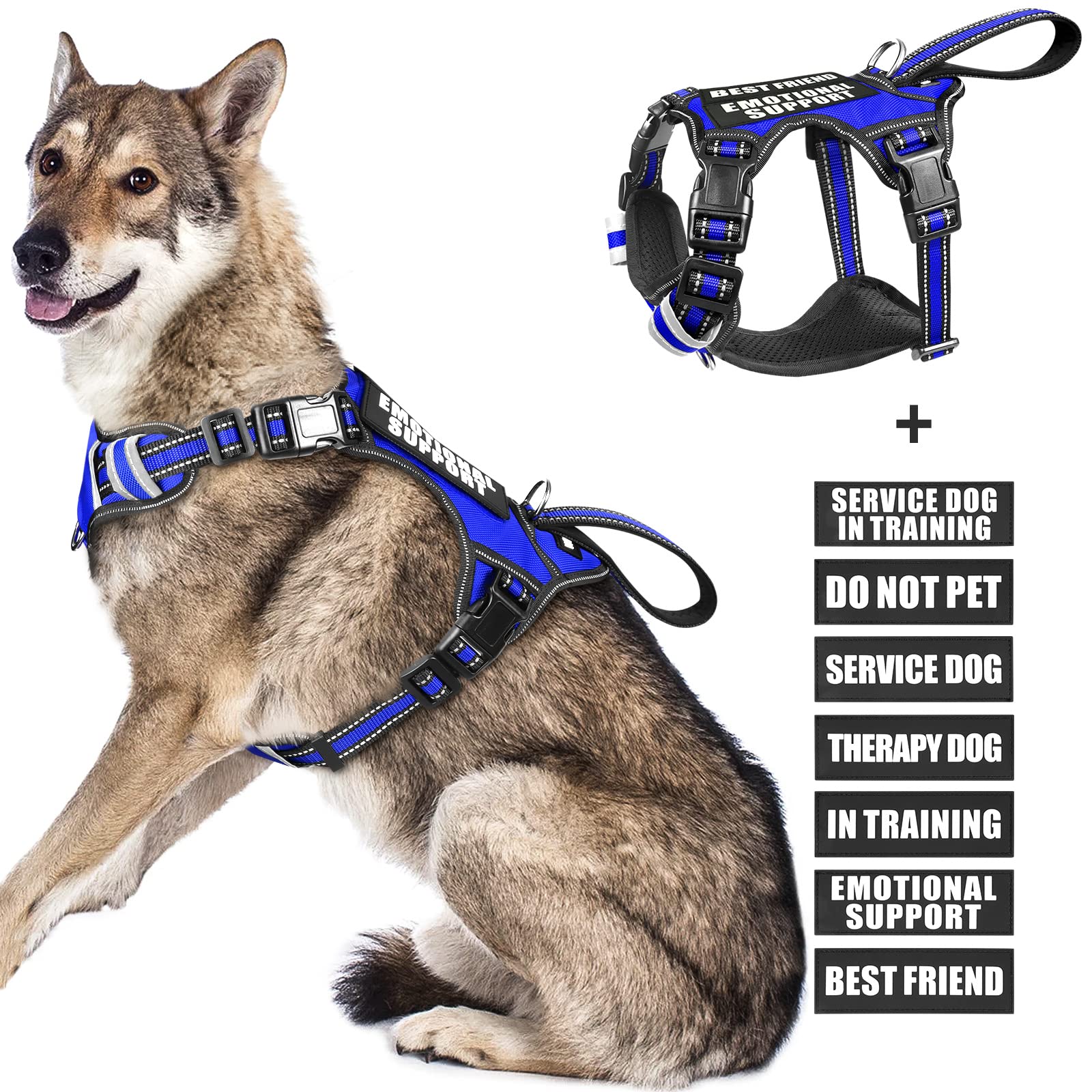 WINSEE No Pull Service Dog Vest with 7 Patches - Reflective Training Harness with Padded Handle for Small to XL Dogs (X-Large, Dark Blue) - Perfect for Therapy Work, Public Access & Outdoor Adventures