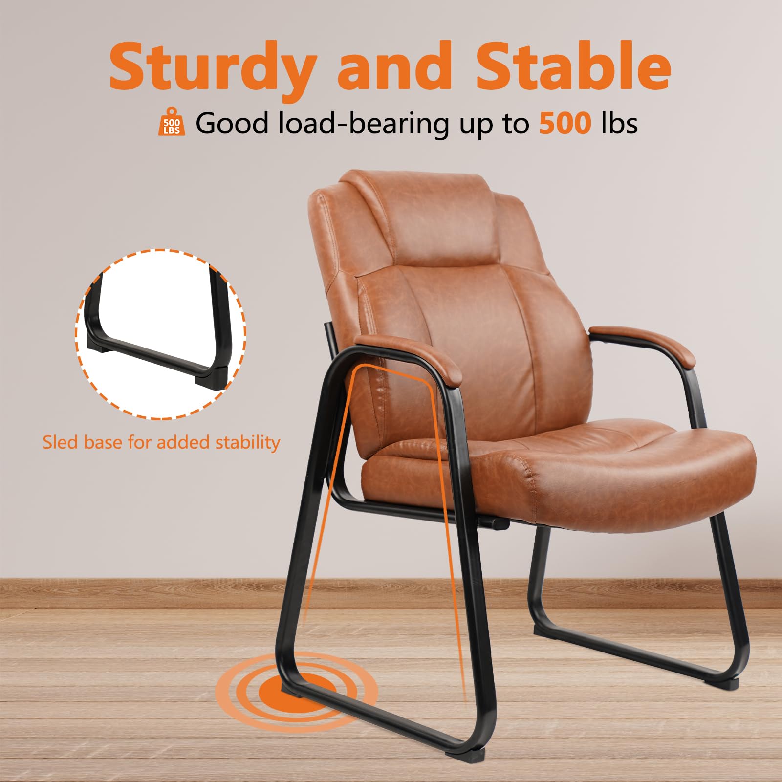 CLATINA Big & Tall 500 lb Capacity Guest Chair - Heavy Duty PU Leather Office Reception Chair with Sturdy Sled Base, Wheelless Desk Chair for Waiting Room, Conference, Lobby, Computer & Living Room - Brown - Perfect for High-Traffic Commercial Spaces & Home Offices