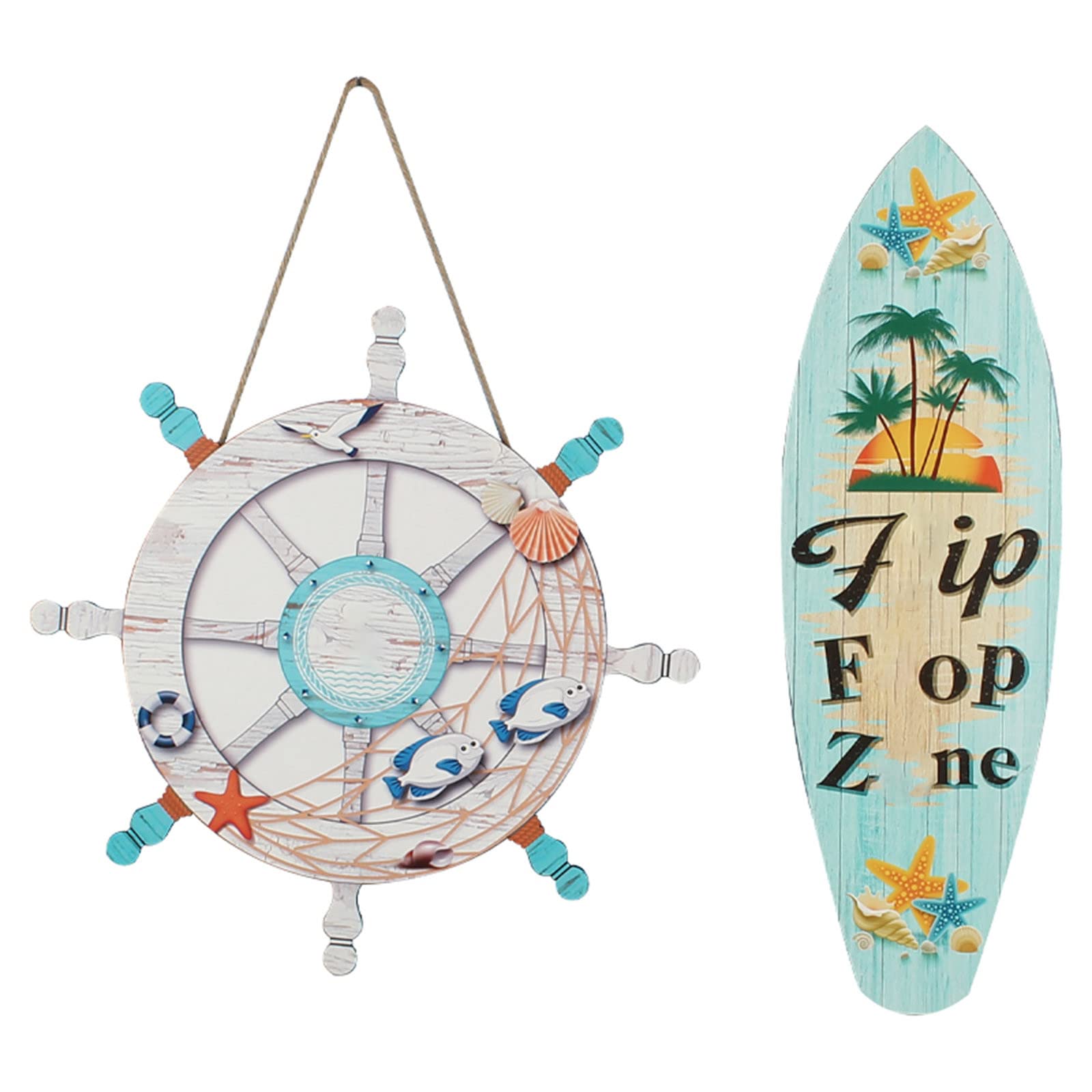 Creative Wooden Surfboard Welcome Sign - 2pc Set for Front Door Decor, Home & Restaurant Hanging Wreath - Solid Wood Marine Steering Wheel Pendant (Multicolor, One Size) - Perfect for Beach House, Coastal Decor & Nautical Theme Restaurants