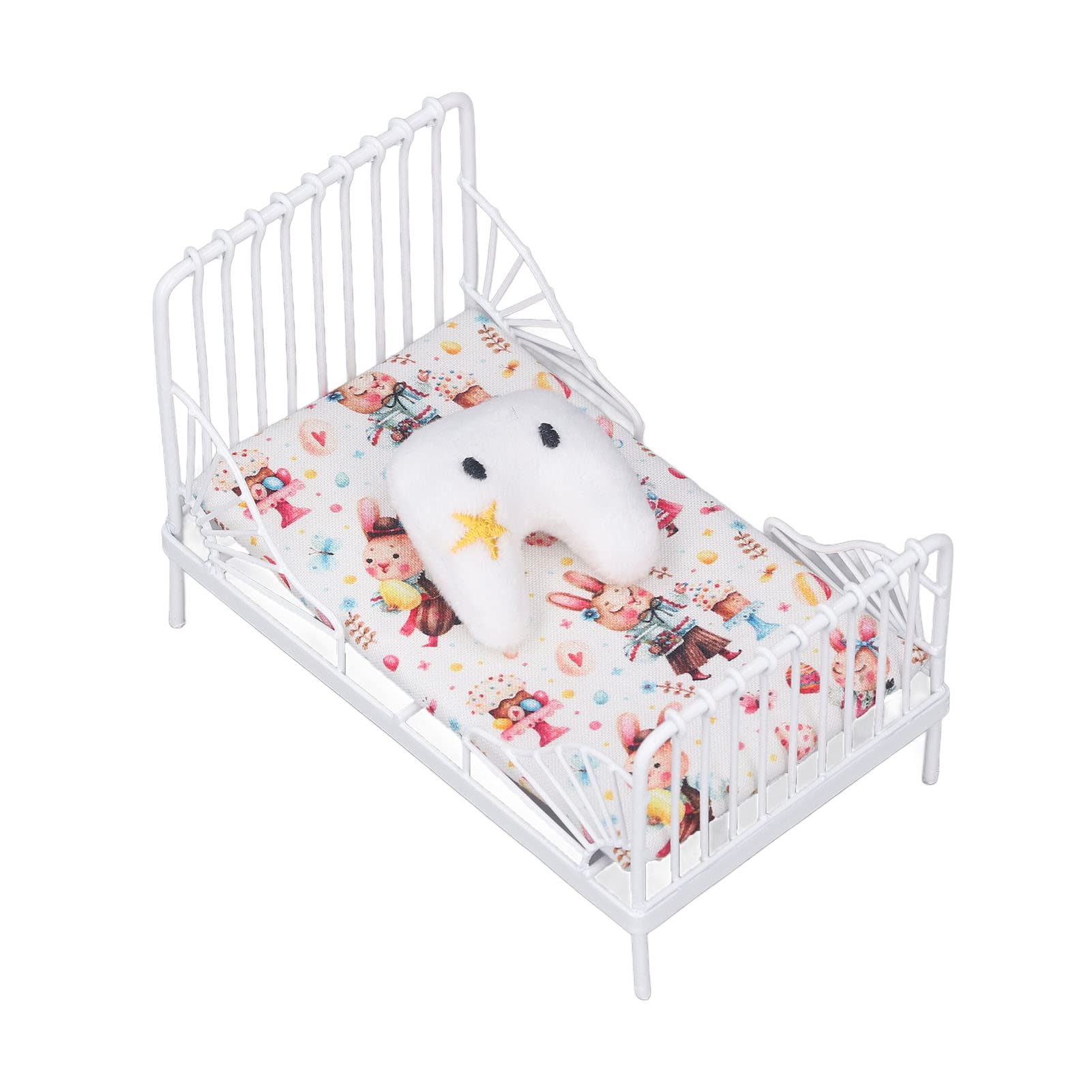 1:12 Scale Dollhouse Miniature Bed Set - White Metal Frame with Decorative Bunny Pillow - Realistic Dollhouse Furniture & Accessories for Collectors, DIY Enthusiasts & Home Decor (Perfect for Doll Displays, Themed Rooms & Miniature Scenes)