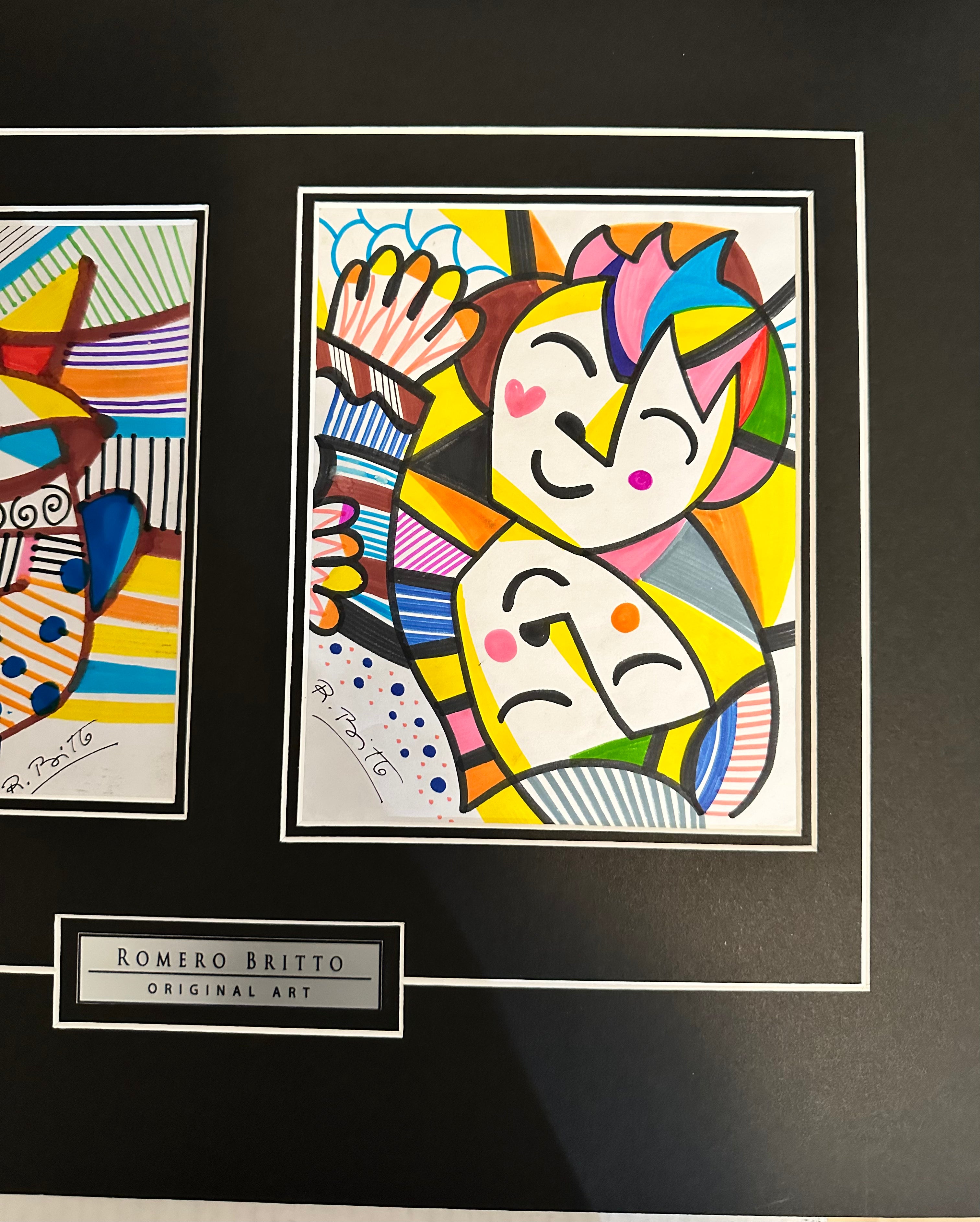 Romero Britto Signed Original Matted Sketches - 2-Piece Set with COA - Perfect for Art Collectors, Home Decor & Gift Giving