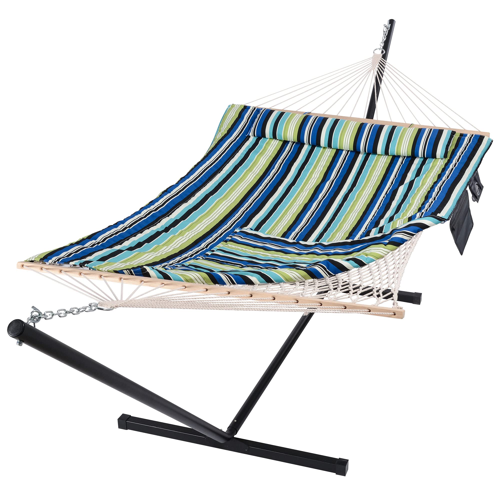 SUNCREAT Heavy Duty Double Hammock with Steel Stand - Cotton Rope & Polyester Pad - Blue & Green Outdoor Hammock for Backyard, Patio, Camping, Beach Relaxation