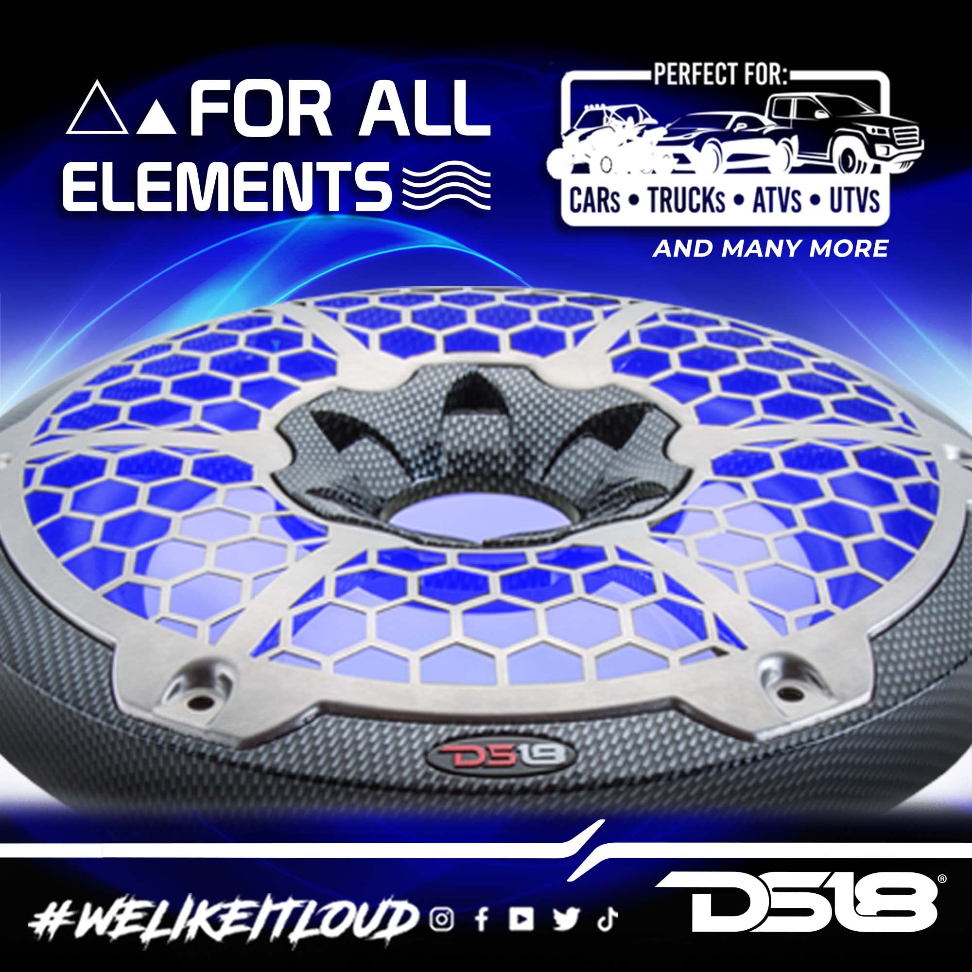 DS18 CF10SUB 10 Inch Waterproof Marine Subwoofer with RGB Lights - 600W Max Power for Boats, ATV, UTV - Perfect for Outdoor Adventures & Off-Road Vehicles