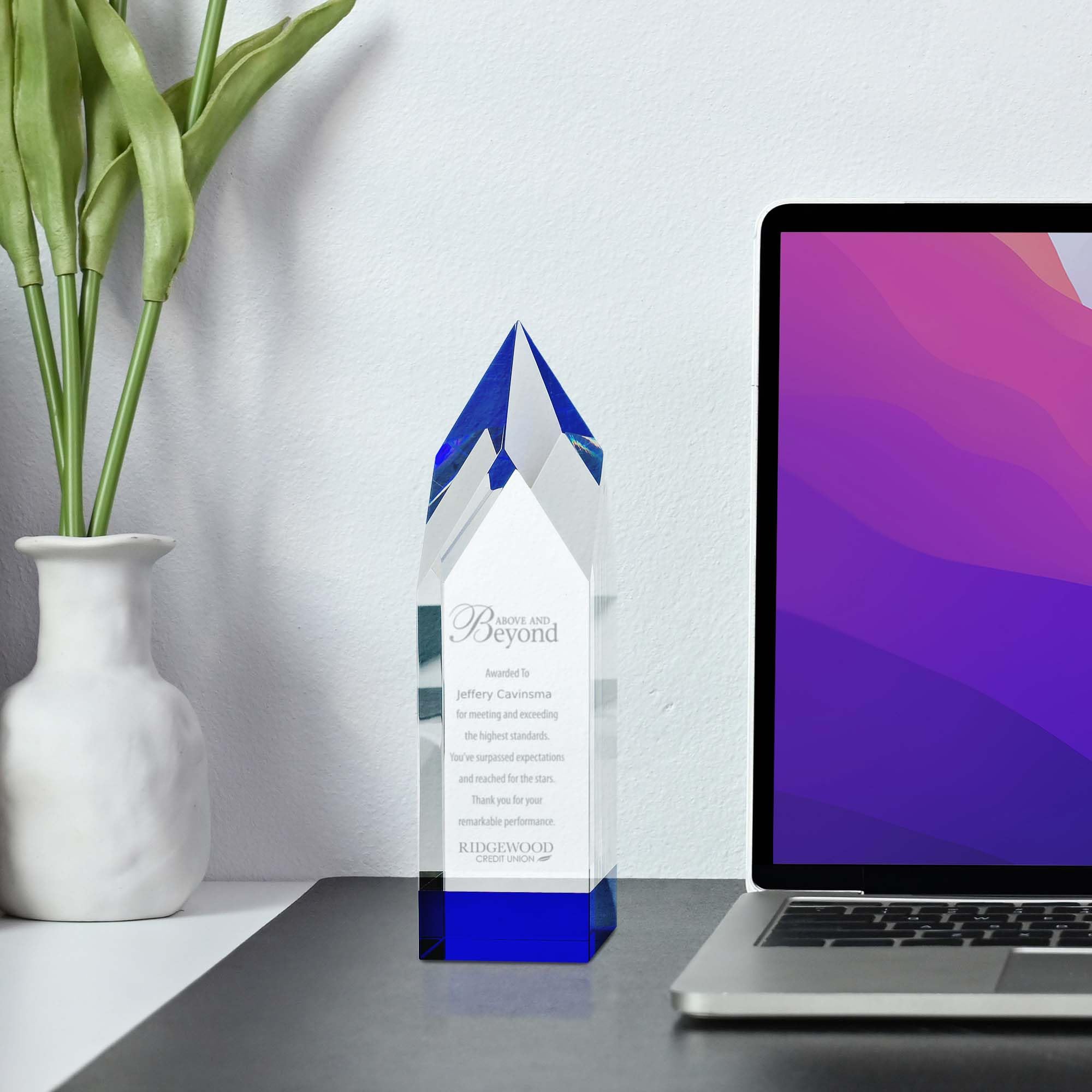 Baudville Custom Engraved Crystal Trophy with Blue Base - Personalized Employee Recognition Award - Elegant Gift Box Included | Perfect for Corporate Awards, Milestone Celebrations & Team Achievements