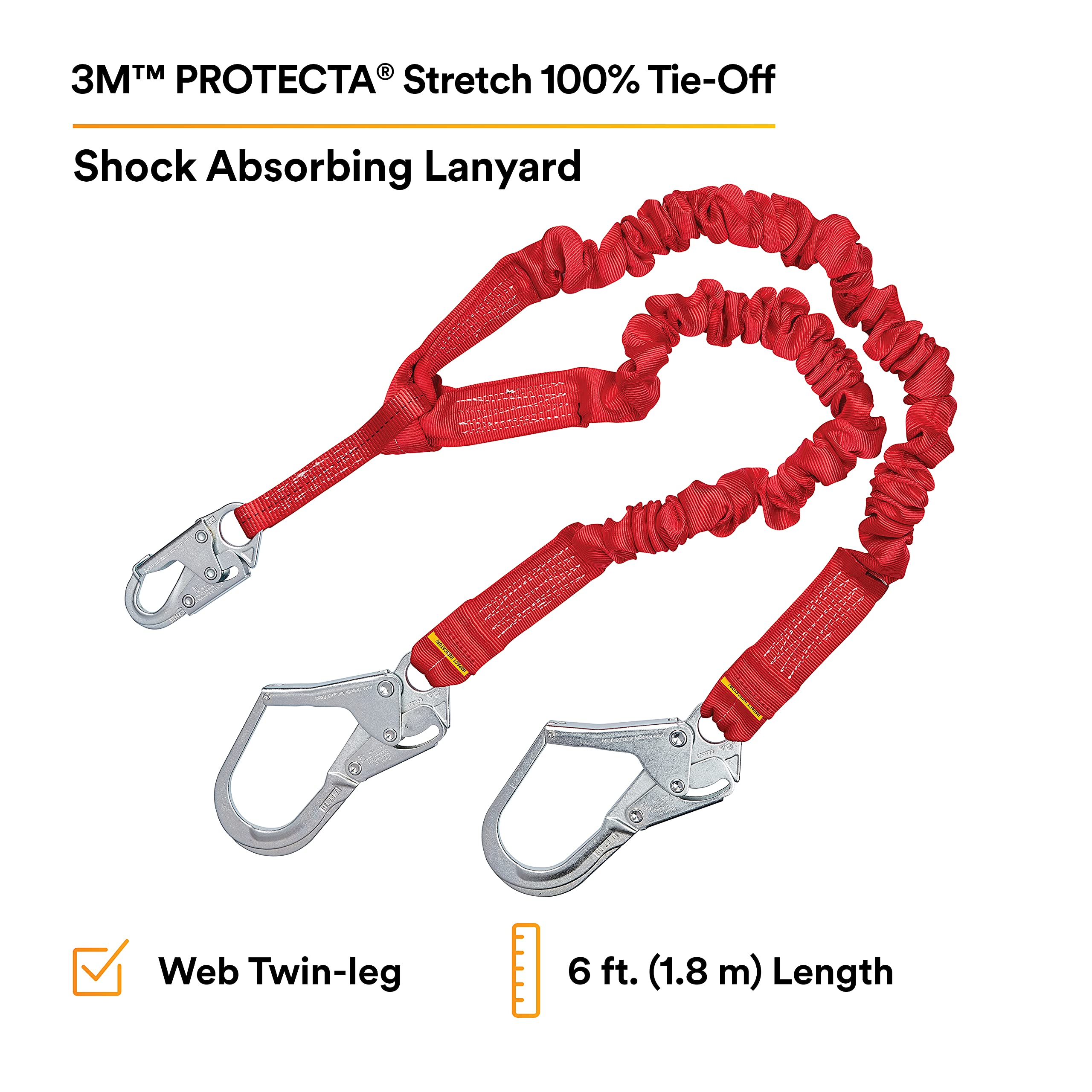 3M Protecta PRO 1340161 6-Foot Elastic Shock Absorbing Safety Lanyard with Snap Hook & Steel Rebar Hooks - 310 lb Capacity, Red - Ideal for Construction, Roofing & Fall Protection Work